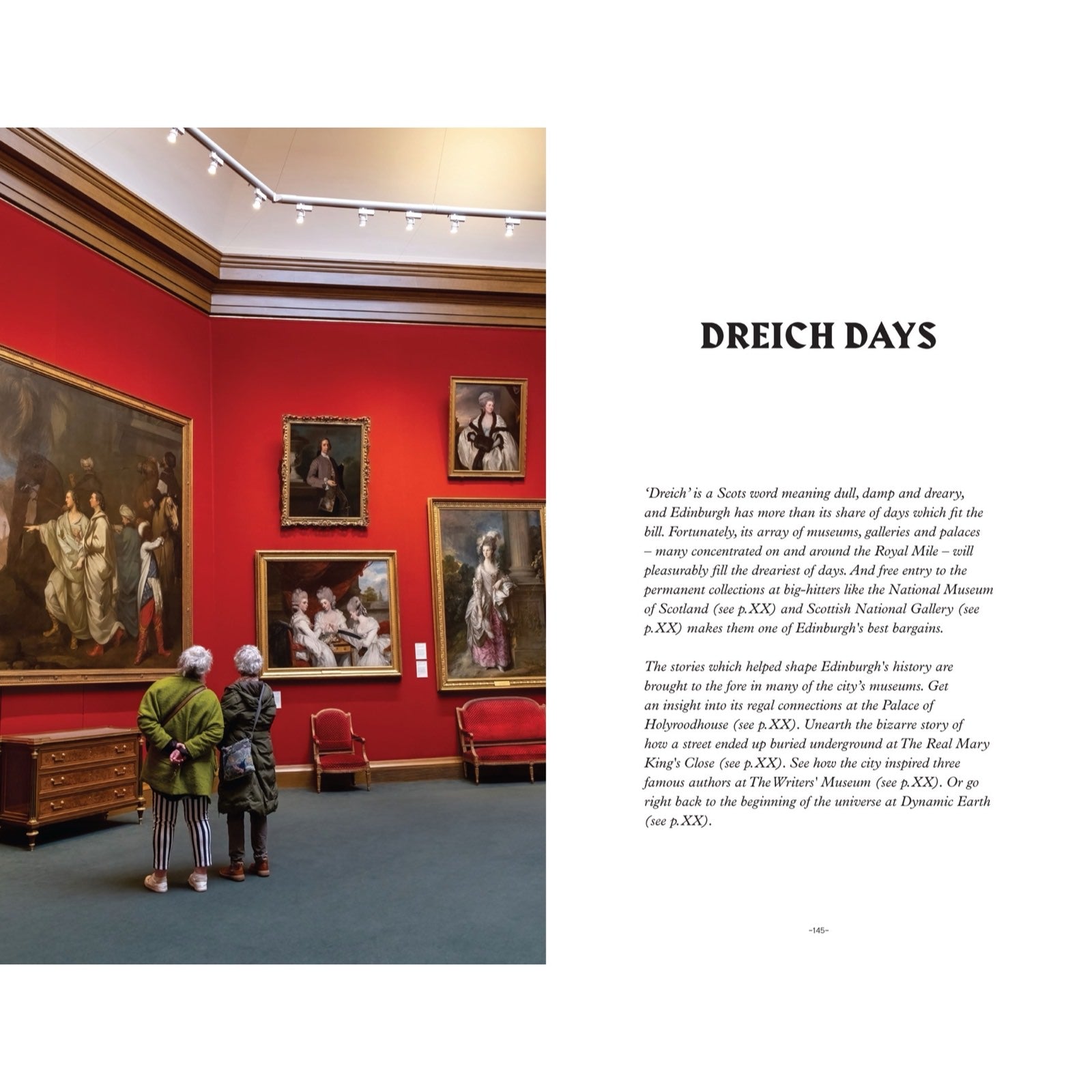 Inside of a book with two people in a museum looking at paintings on a red wall, and text on the right hand side.