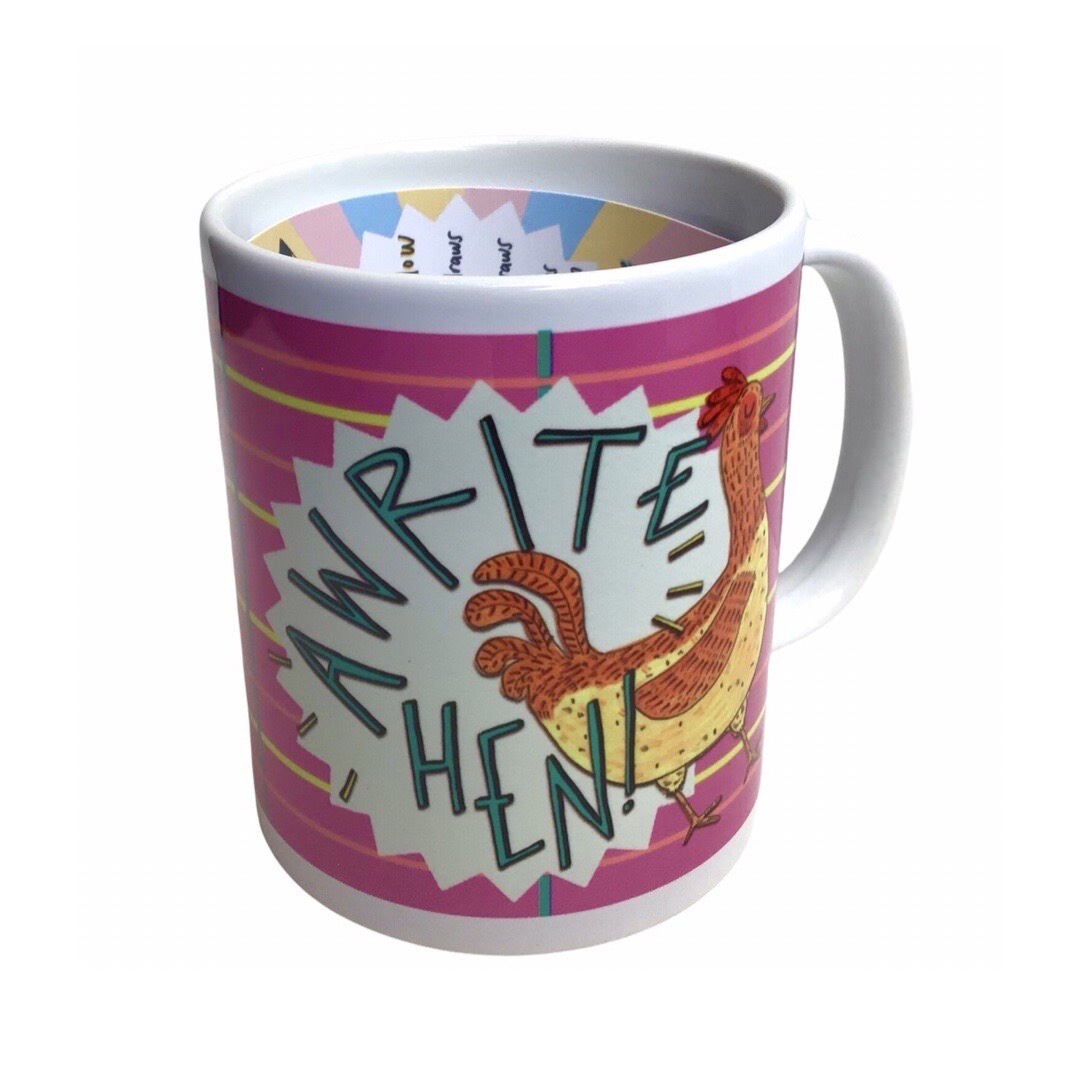 Mug featuring an illustration of a hen and the text 'Awrite Hen' on a pink tartan background.