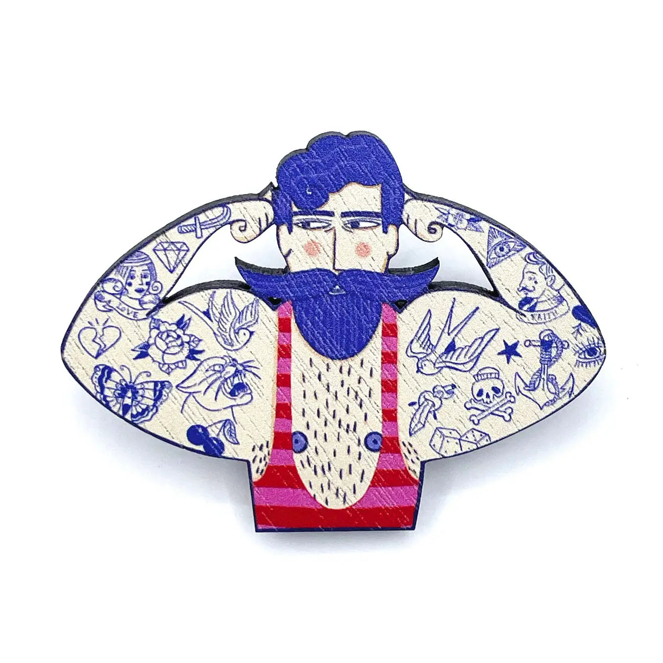 Circus Strongman Wooden Brooch
