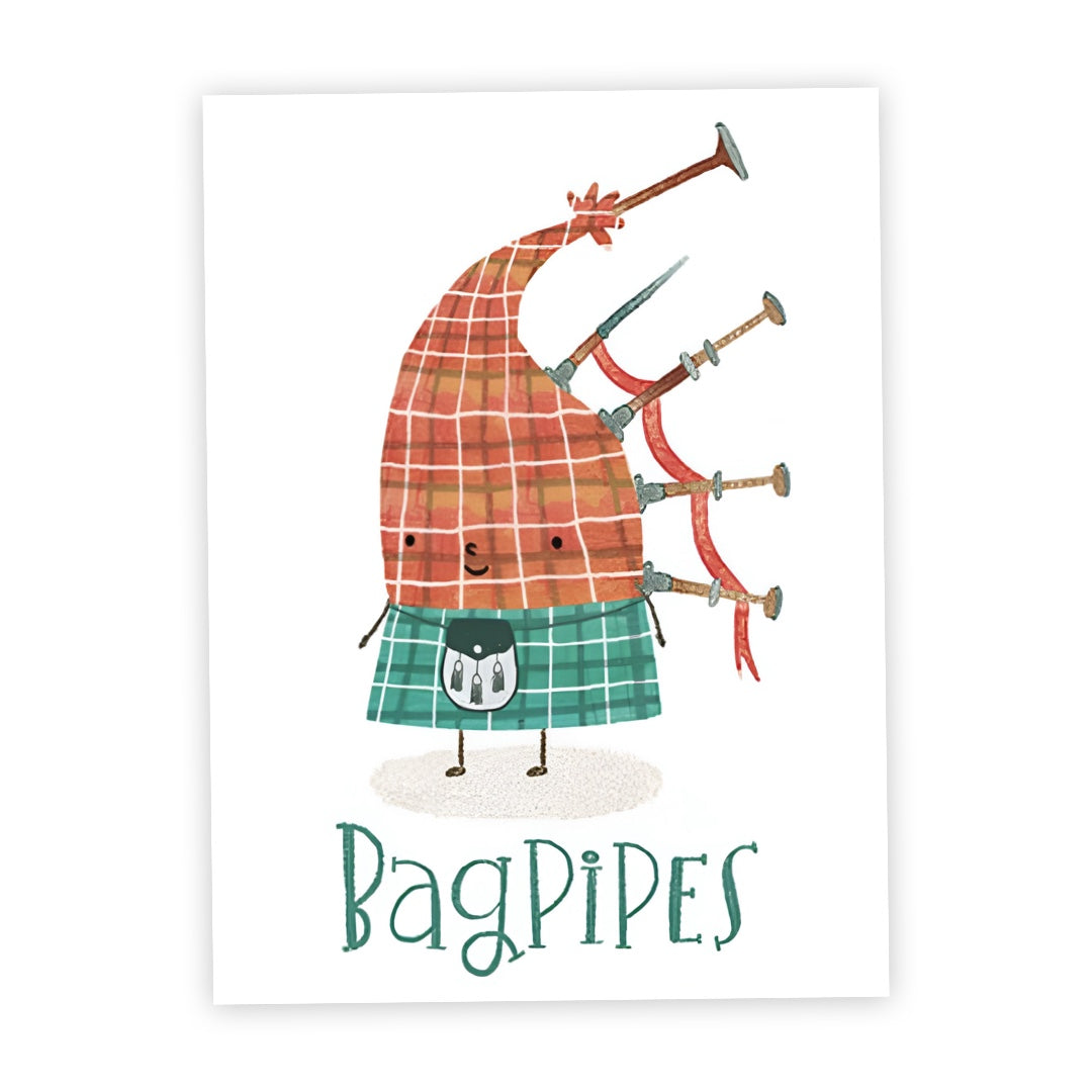 This postcard illustrates a set of red tartan bagpipes wearing a green tartan kilt.