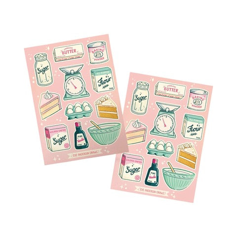 Baking themed sticker sheet featuring 11 individual stickers including a mixing bowl, eggs and slices of cake.