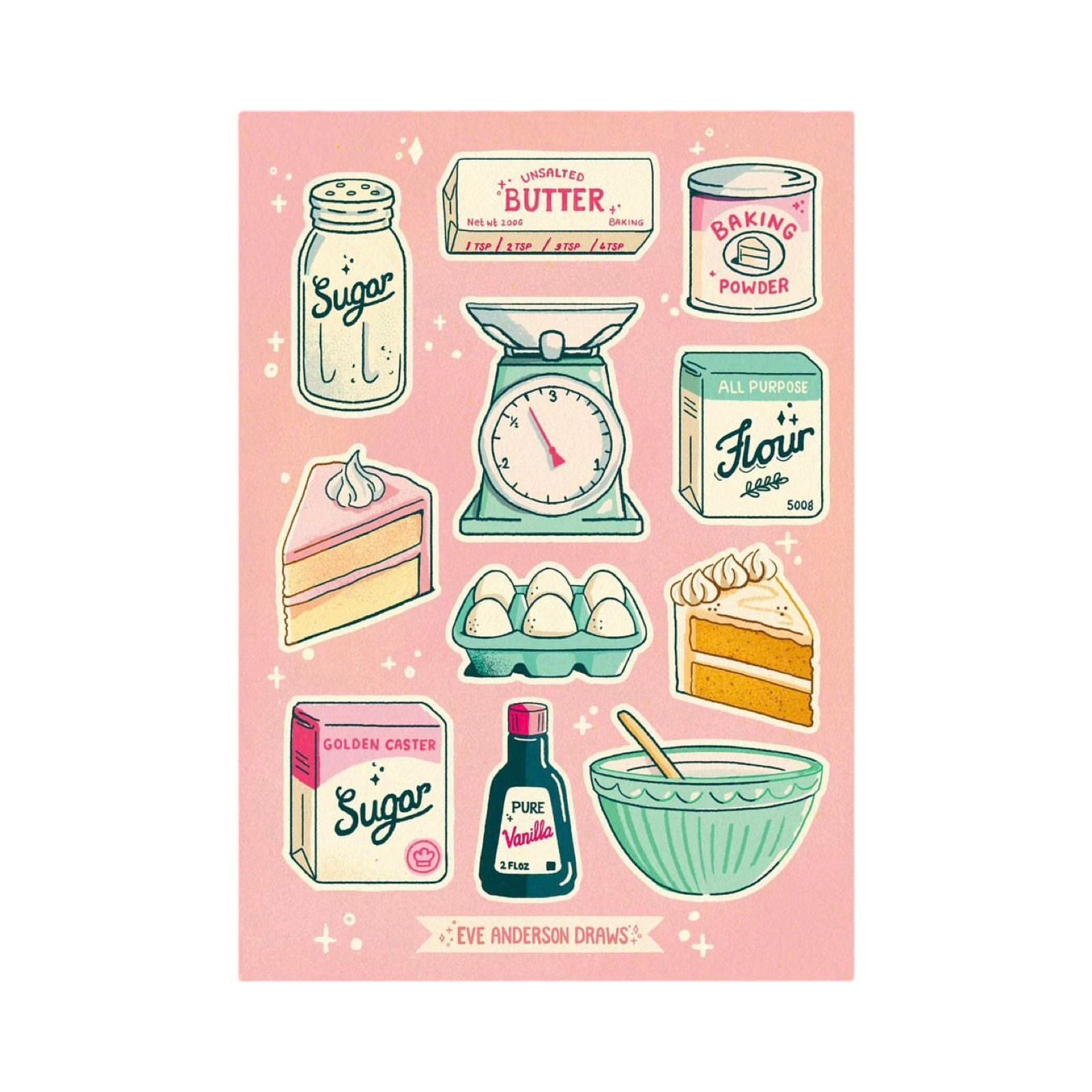 Baking themed sticker sheet featuring 11 individual stickers including a mixing bowl, eggs and slices of cake.