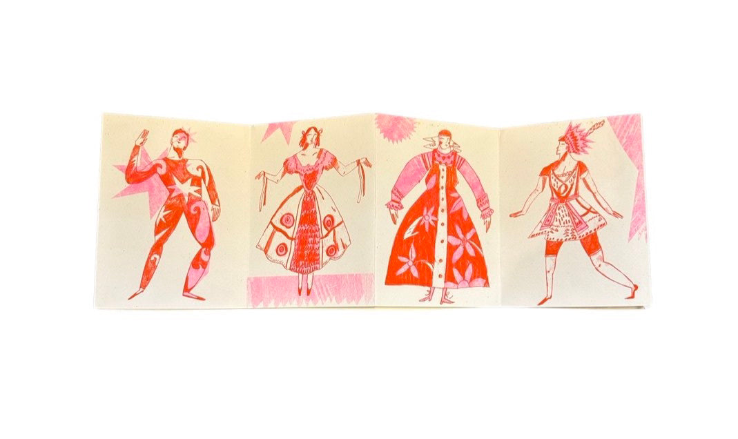 This hand-drawn ballet costume's zine is risograph printed in red and fluro pink.