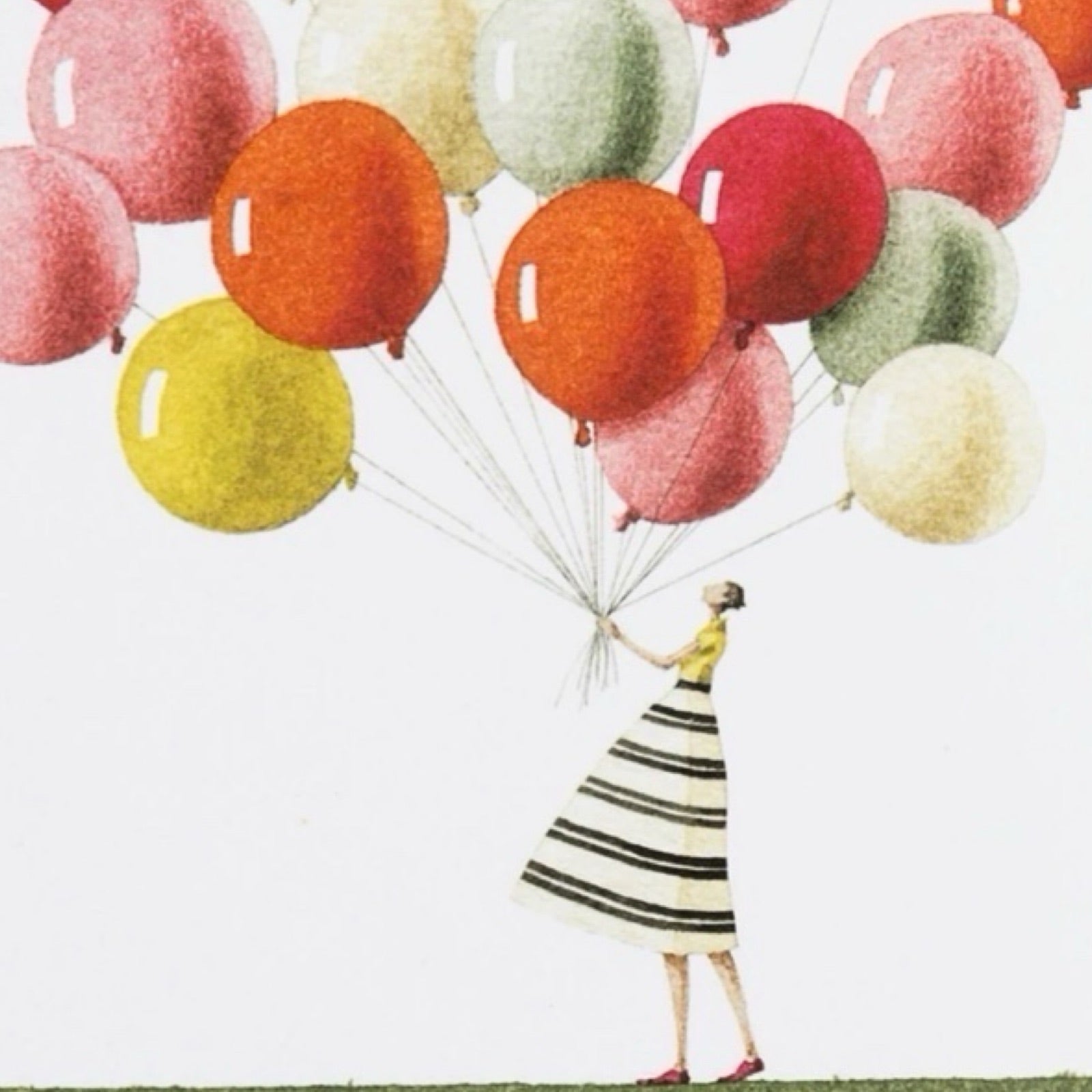 Card featuring an illustration of a lady wearing a black and white striped dress holding a giant colourful bunch of balloons.
