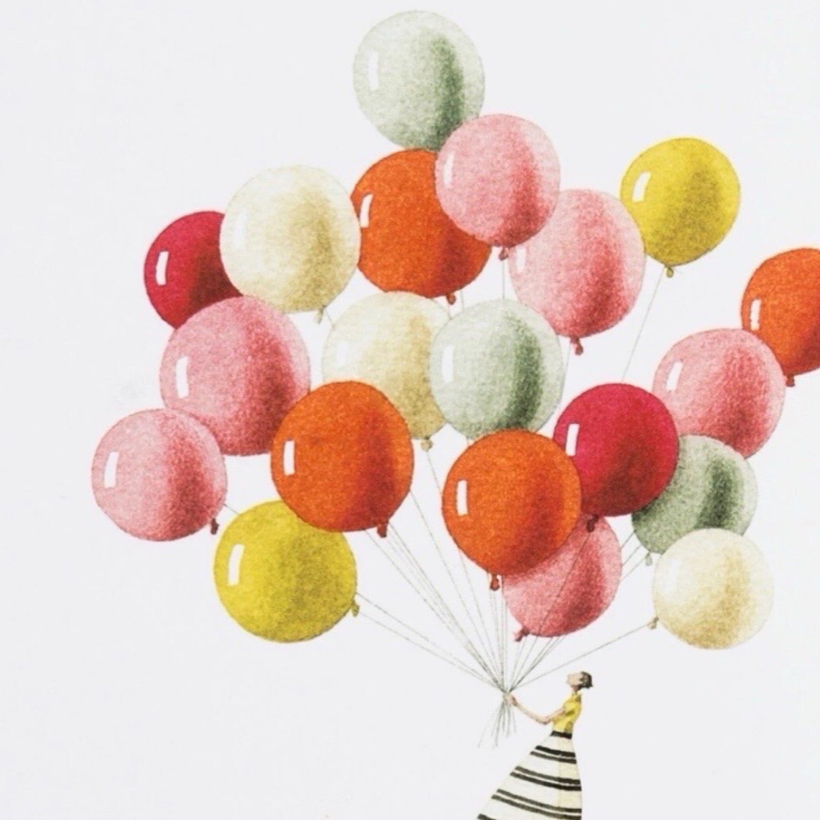 Person holding colourful balloons in red, pink, green, and yellow on a white background.