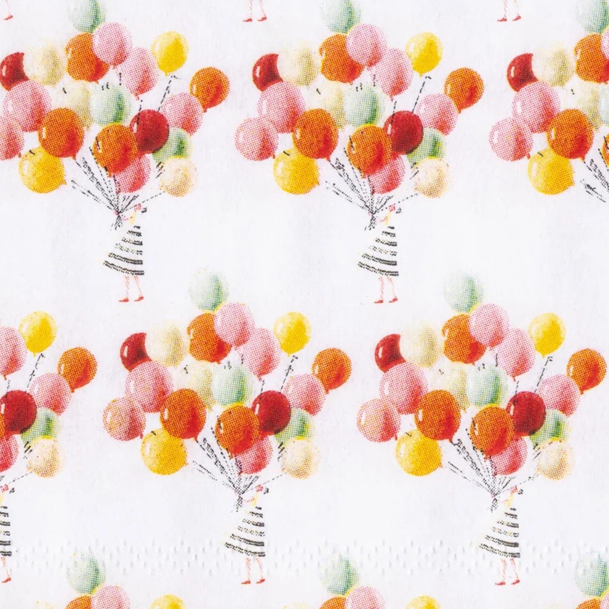 Paper napkin featuring multiple bunches of colourful balloons being held by a fabulously dressed woman.