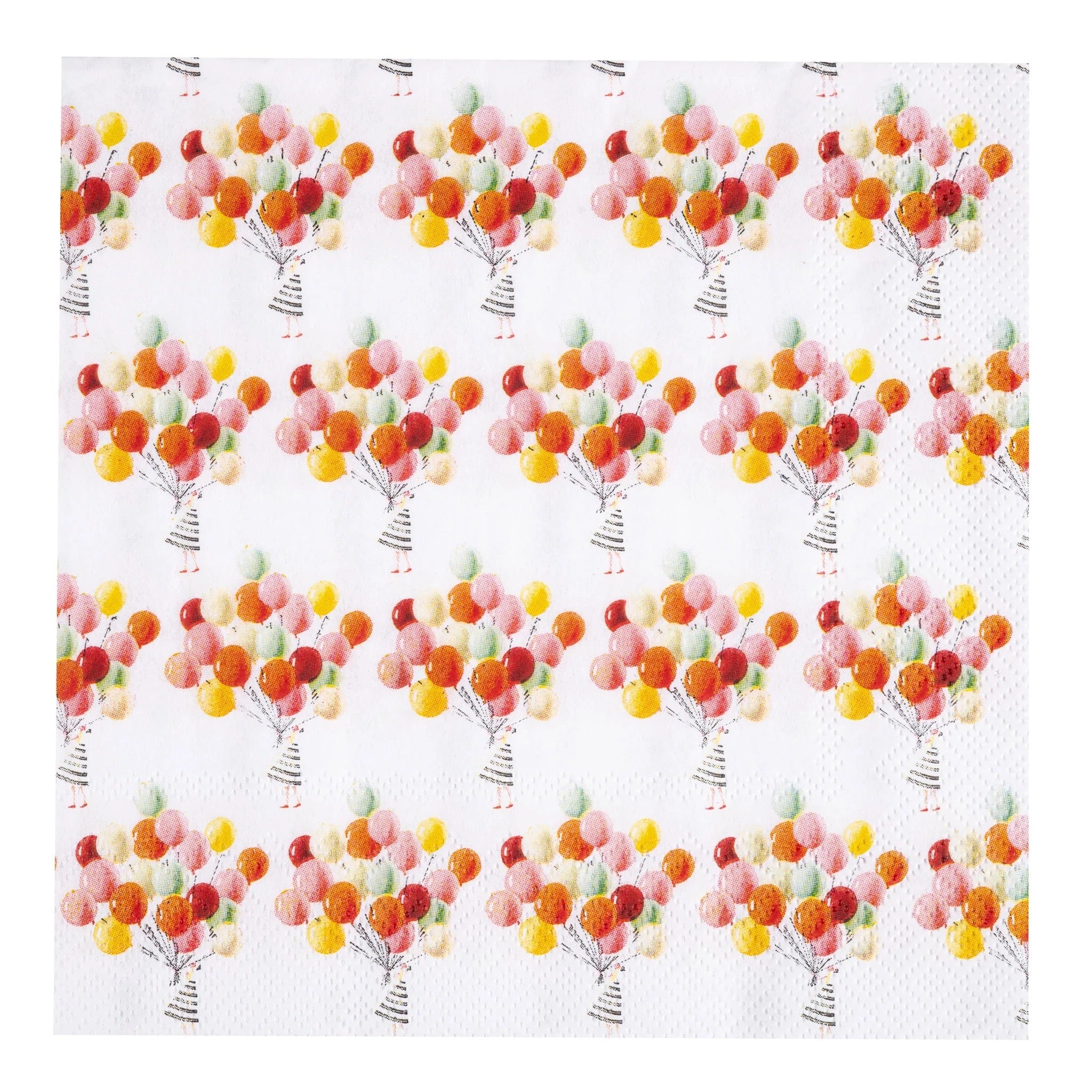 Paper napkin featuring multiple bunches of colourful balloons being held by a fabulously dressed woman.
