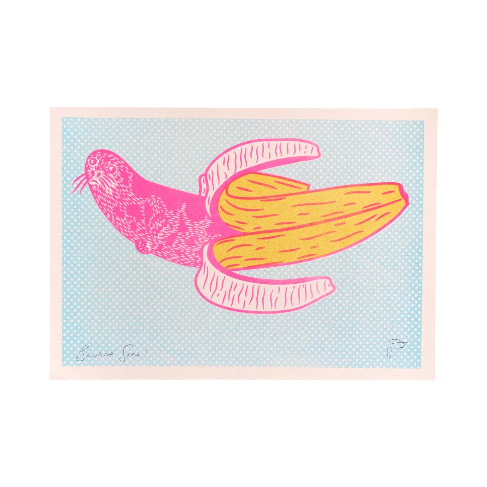 Illustration of a pink seal in a yellow banana skin on a light blue background.