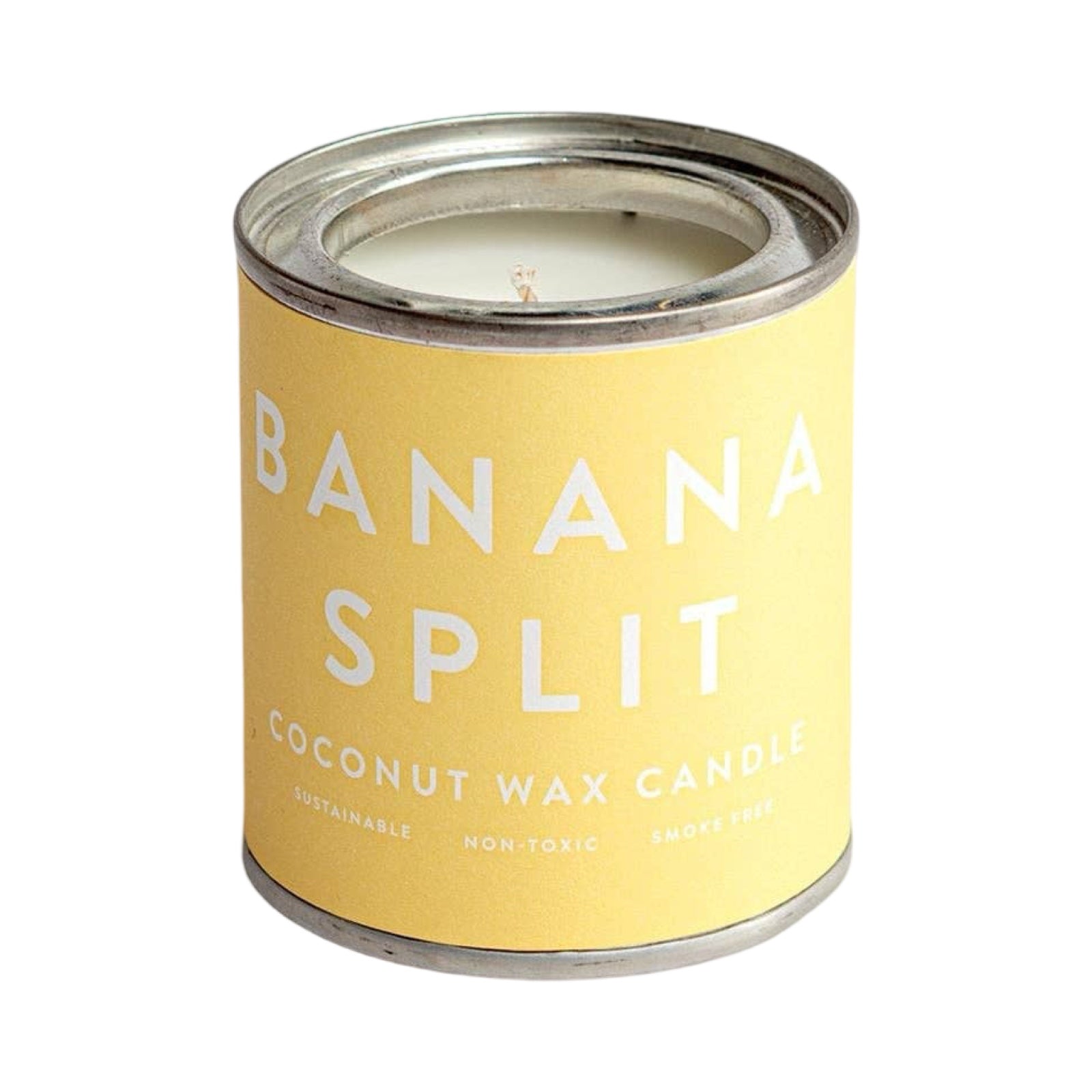 A banana split scented coconut wax candle in a small paint tin with a yellow label.