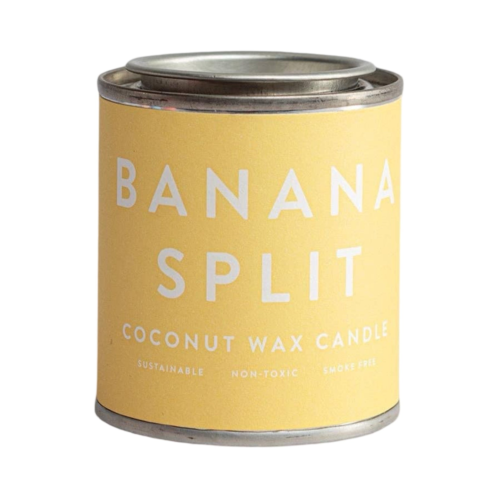 A banana split scented coconut wax candle in a small paint tin with a yellow label.