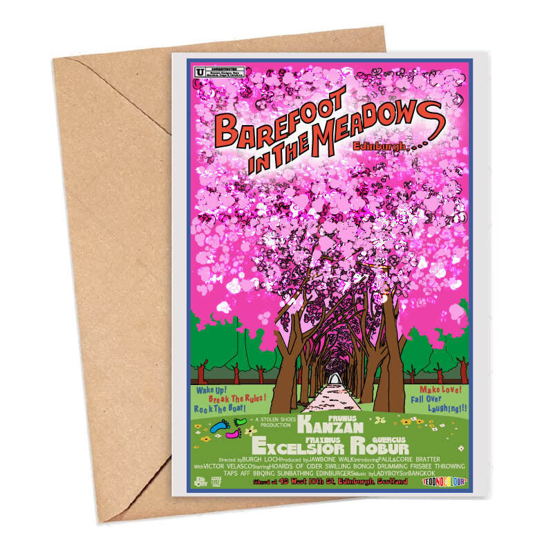 Edinburgh card featuring an illustration of The Meadows in Edinburgh with the blossom trees in full bloom
