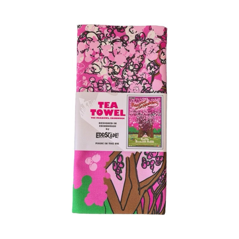 Tea towel featuring a movie poster design with an original illustration of the Meadows in Edinburgh with the cherry blossom trees in full bloom