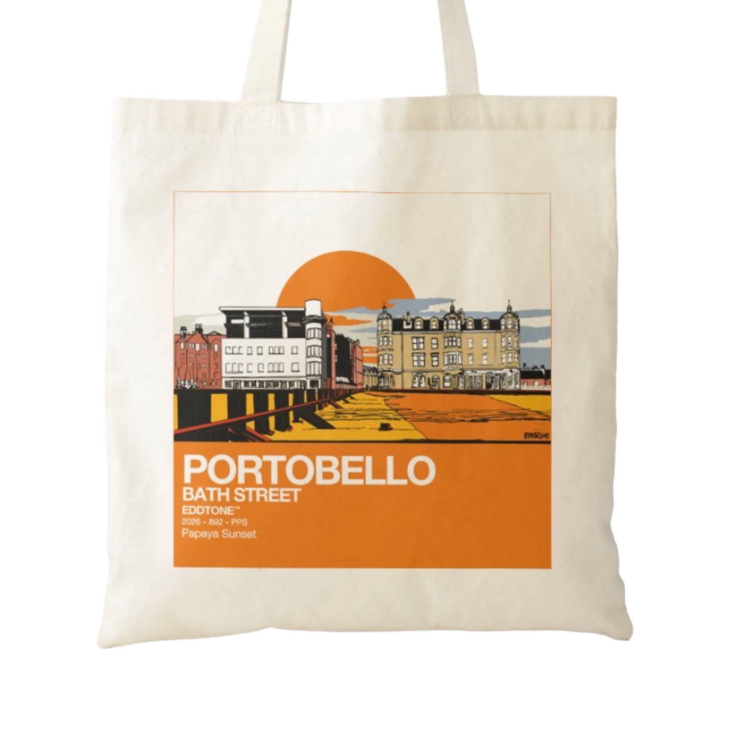 This tote bag features a square design of an illustration of Bath St. Portobello, Edinburgh