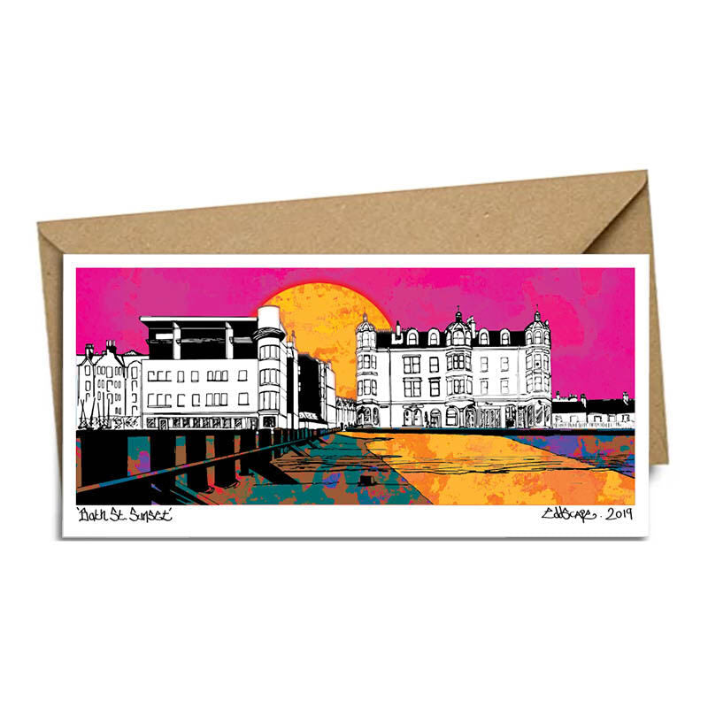 Panoramic card featuring an illustration of Bath Street in Portobello at sunset.