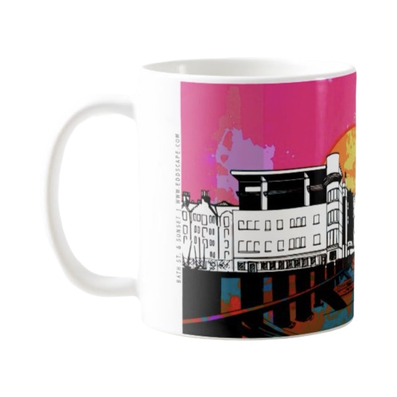 Classic mug featuring a striking panoramic artwork of Bath Street and Portobello Beach in Edinburgh at sunset