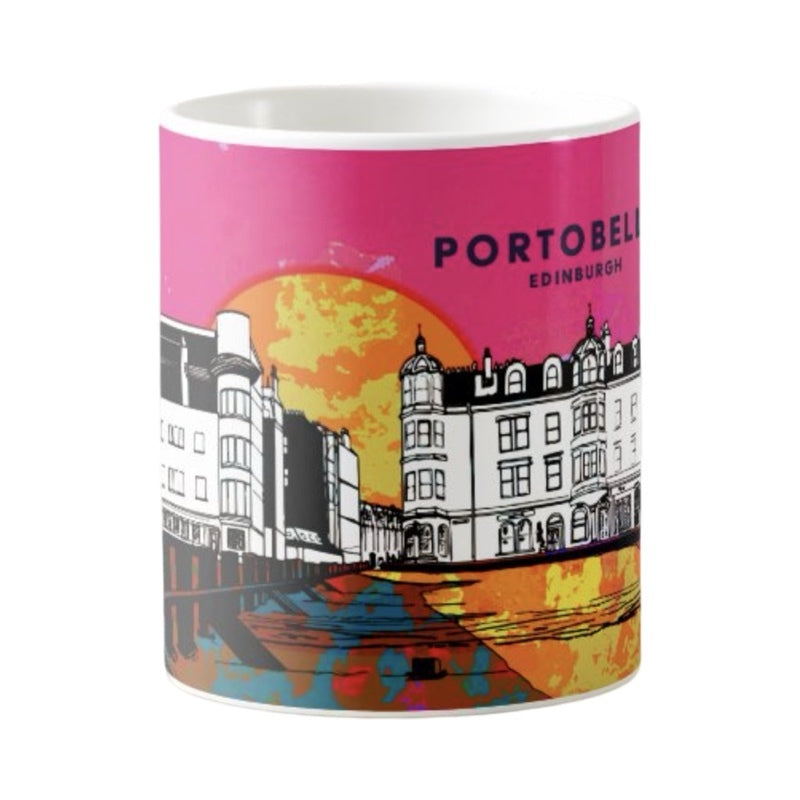 Classic mug featuring a striking panoramic artwork of Bath Street and Portobello Beach in Edinburgh at sunset