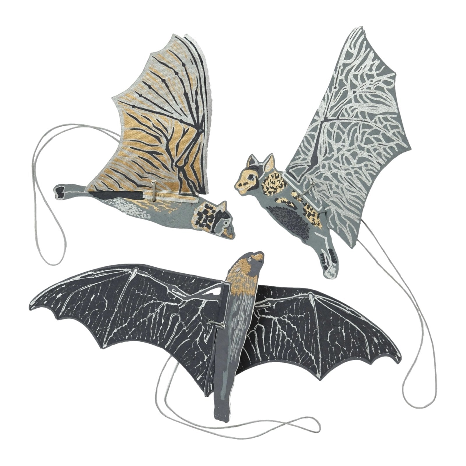 3 recycled paper hanging bat decorations in black, grey and gold.
