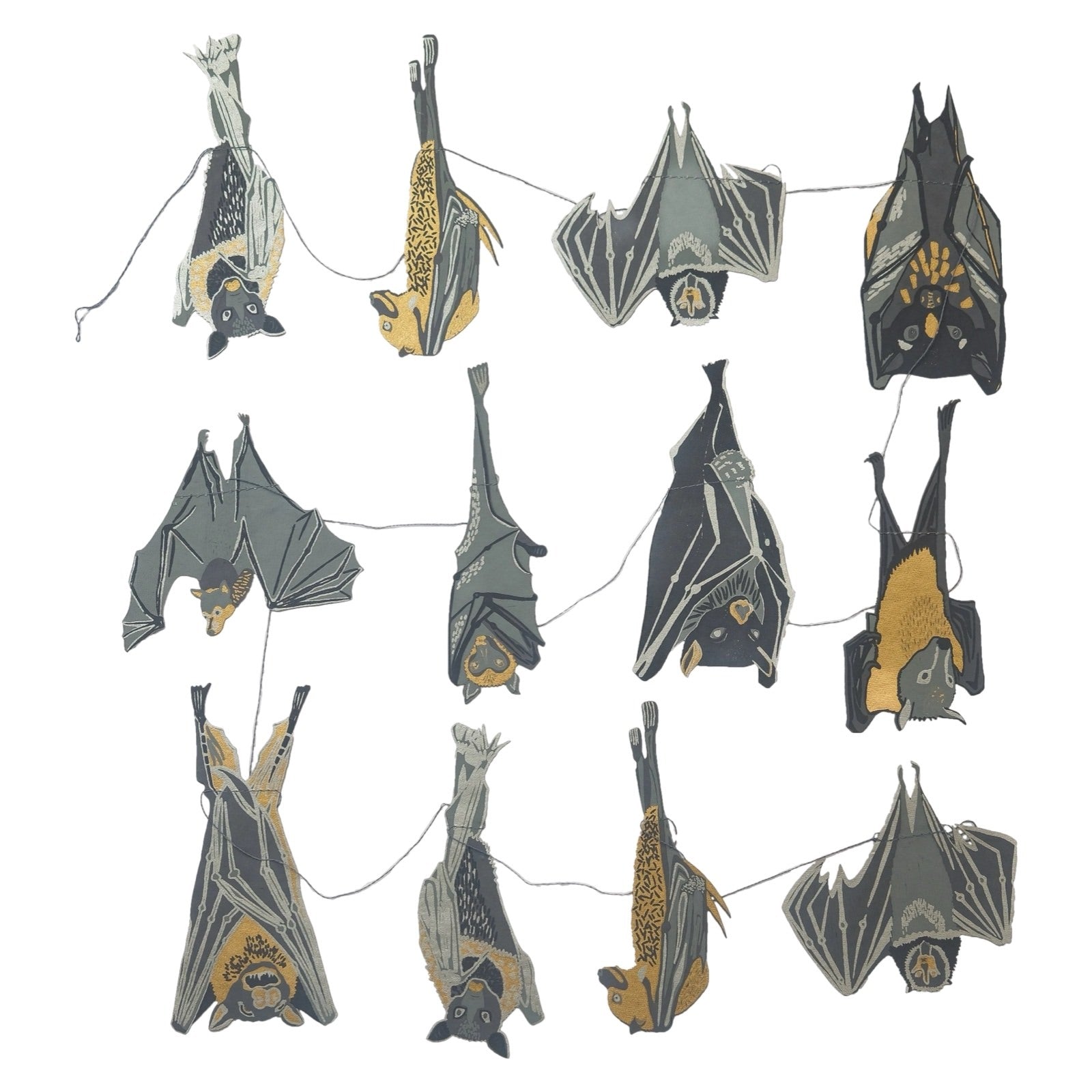 Bats paper garland featuring twelve screen-printed paper bats in black, grey and cream.