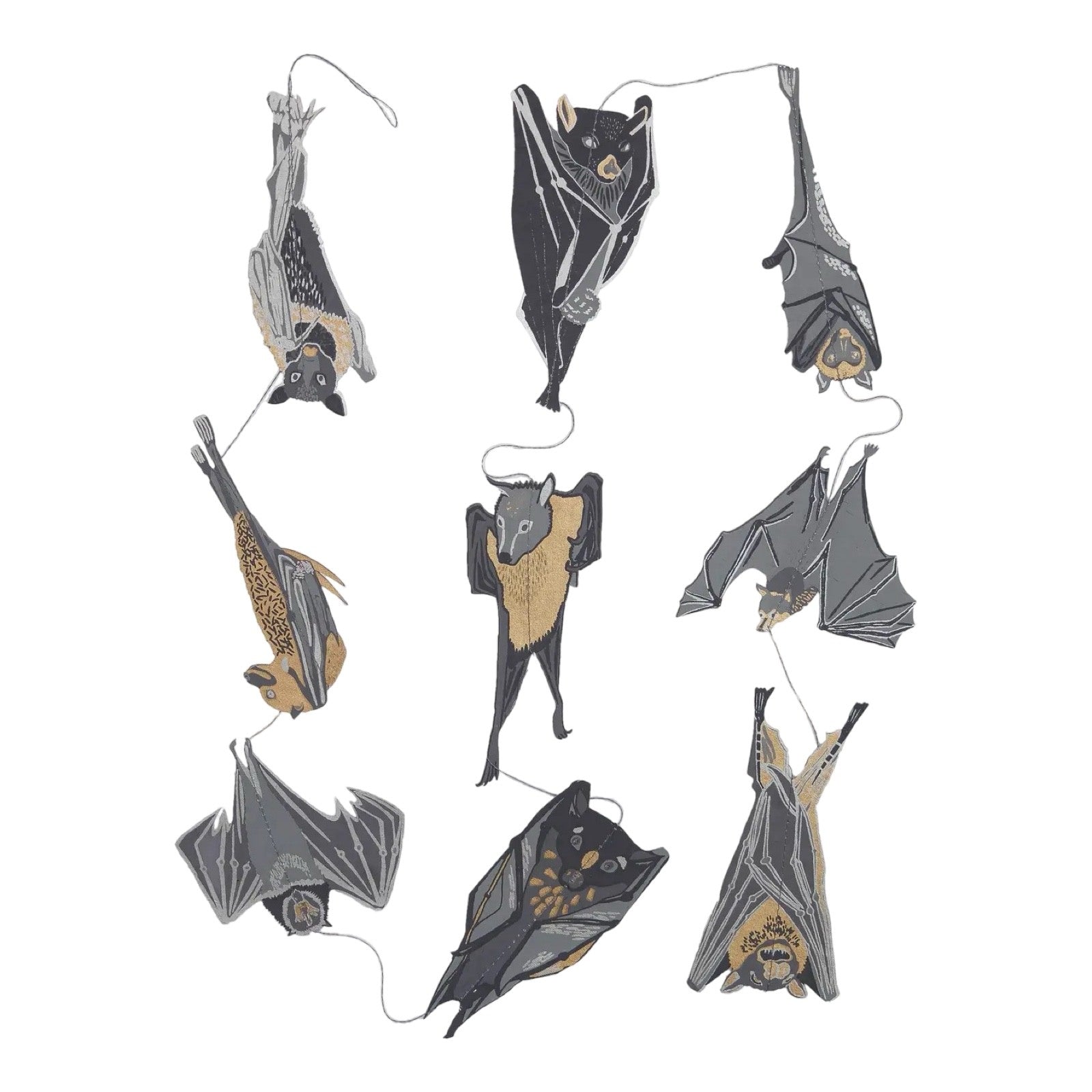 Bats paper garland, featuring nine screen printed paper bats in grey, black and cream designs hanging vertically.