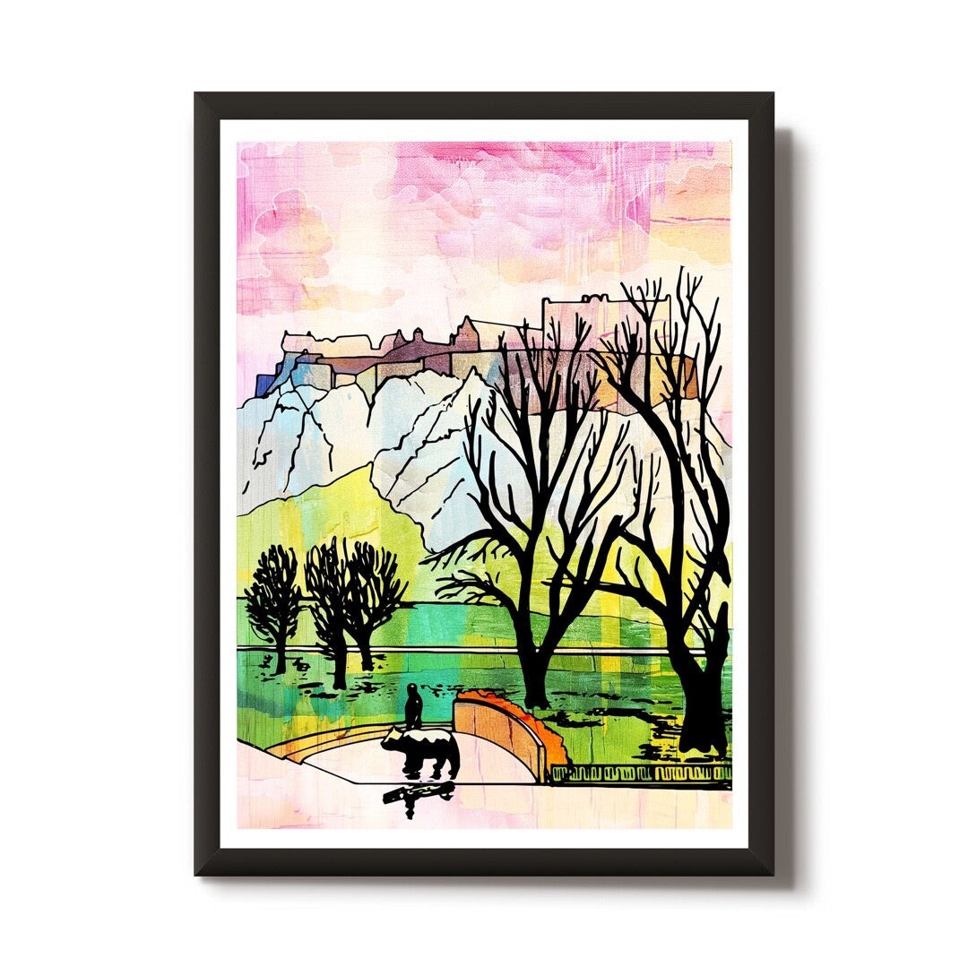 This print features an illustration of Edinburgh Castle with Princes Street Gardens and the Wotjek Bear statue