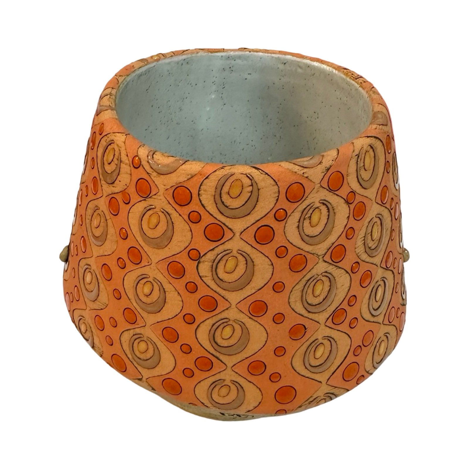 This beard-faced small plant pot is handmade and each one is truly unique, orange groovy flowers planter.