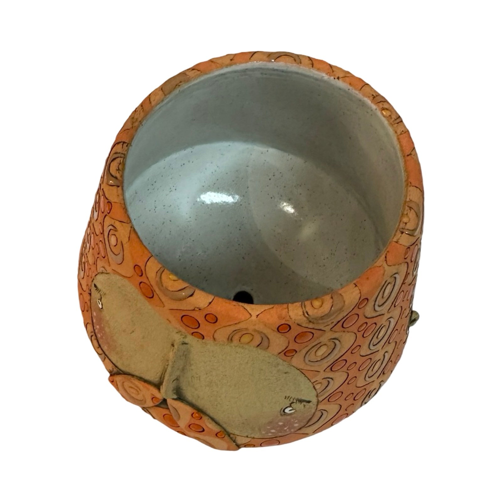This beard-faced small plant pot is handmade and each one is truly unique, orange groovy flowers planter.