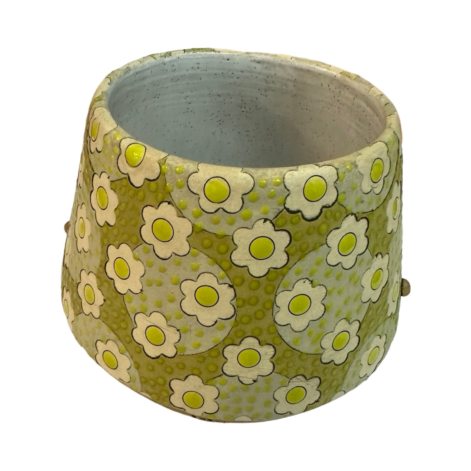 This moustache-faced planter is glazed in green with a lighter green floral pattern.