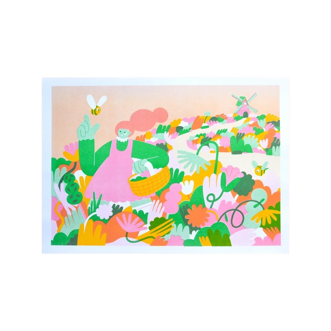 Print of a pink-haired lady happily walking through the bee fields collecting flowers.