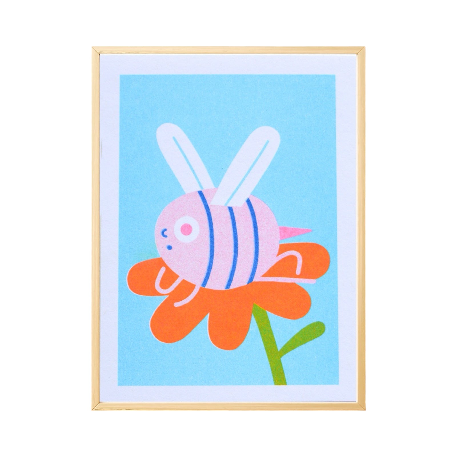 A risograph mini print of a pink bee with blue stripes sitting on an orange flower against a turquoise background.
