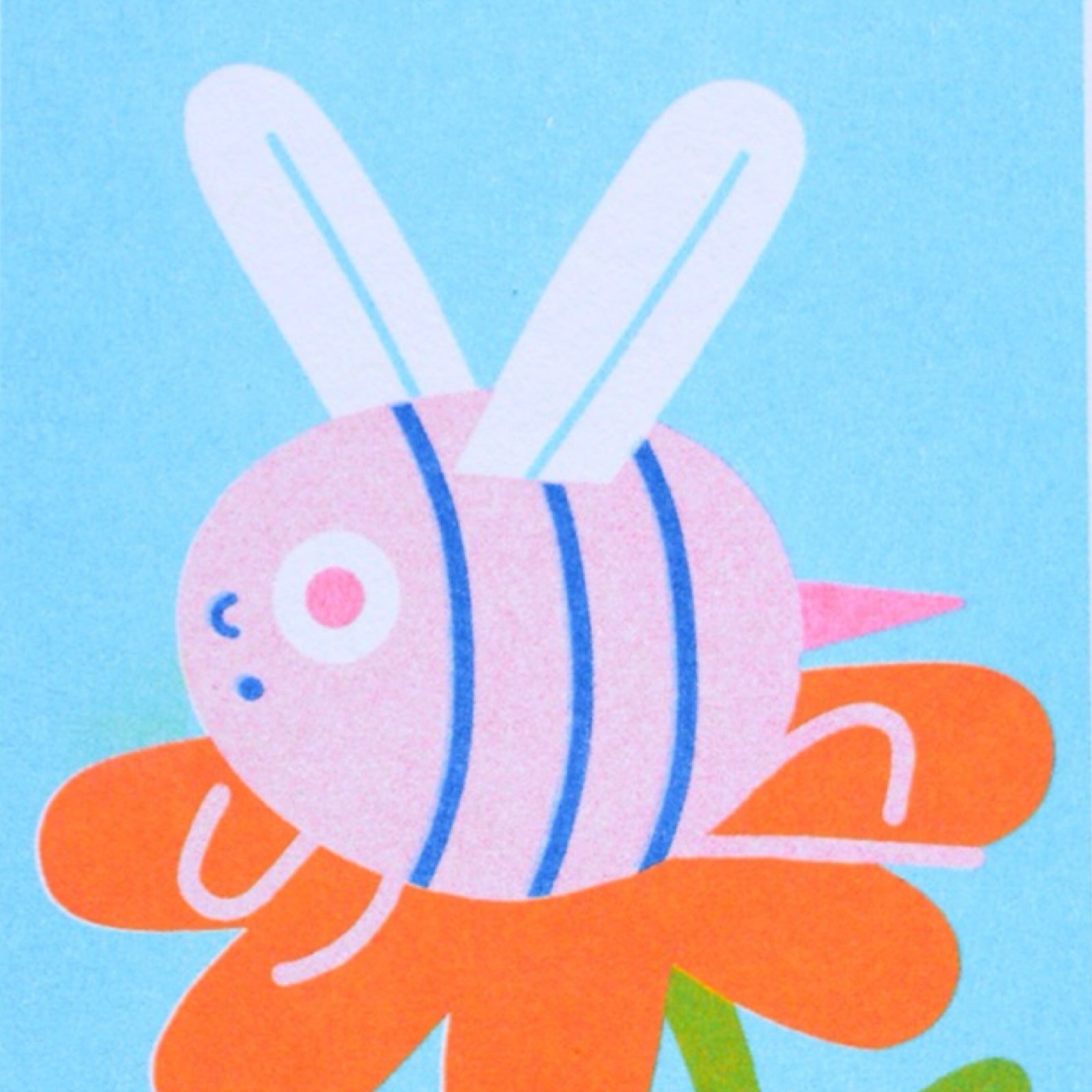 A pink bee with blue stripes sitting on an orange flower against a turquoise background.