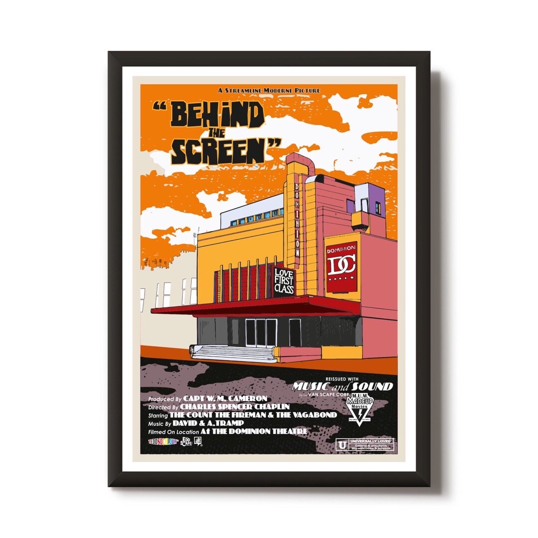 This print features a movie poster design that illustrates the Dominion Cinema in Morningside, Edinburgh