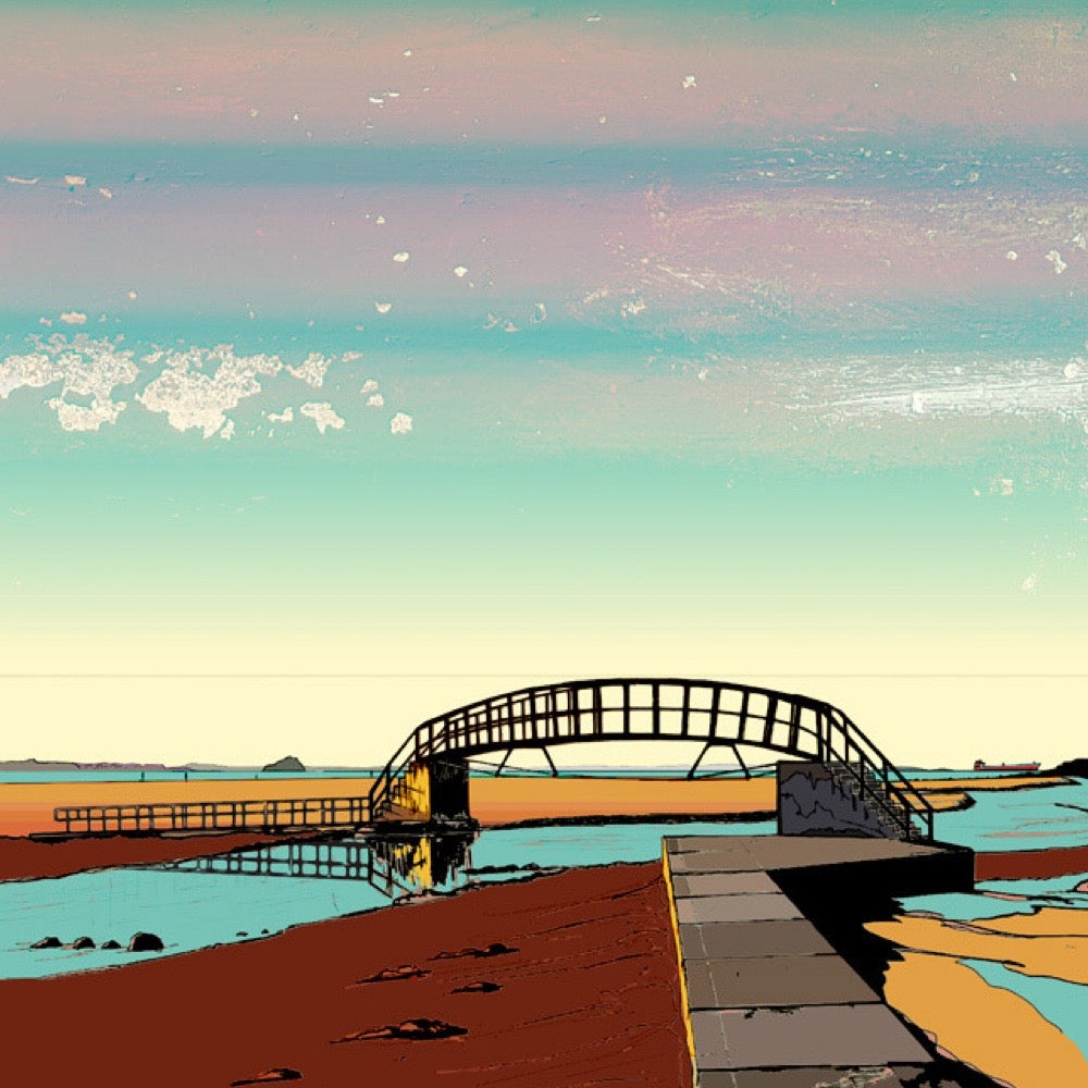 This print illustrates the 'bridge to nowhere' on Belhaven beach in Dunbar, Scotland