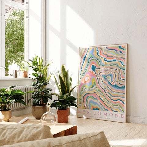 Colourful topography map print of Ben Lomond mountain near Loch Lomond.