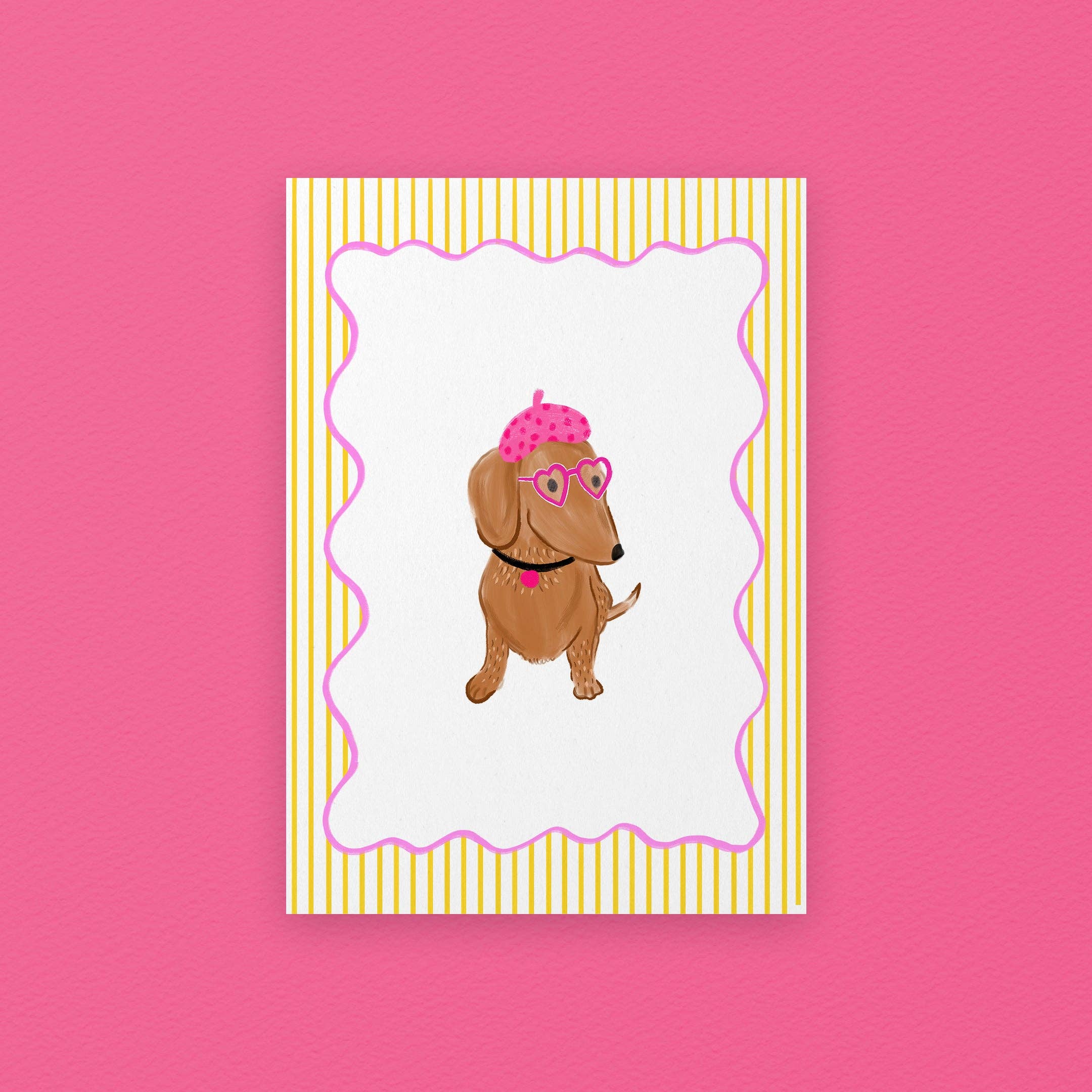 Illustration of a dachshund wearing sunglasses and a hat on a pink background with yellow stripes.