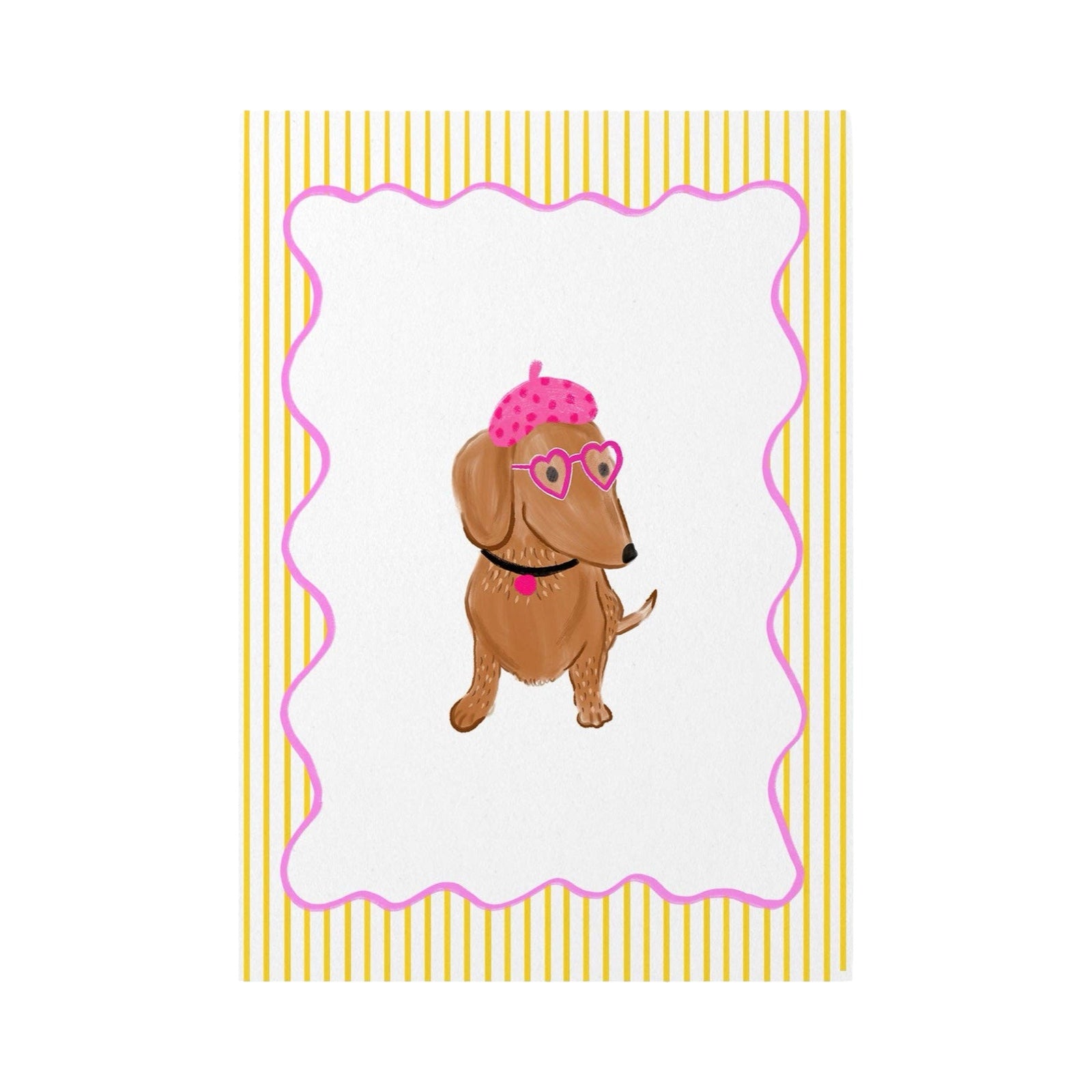 Cartoon dachshund with sunglasses and a hat on a yellow and pink decorative border.