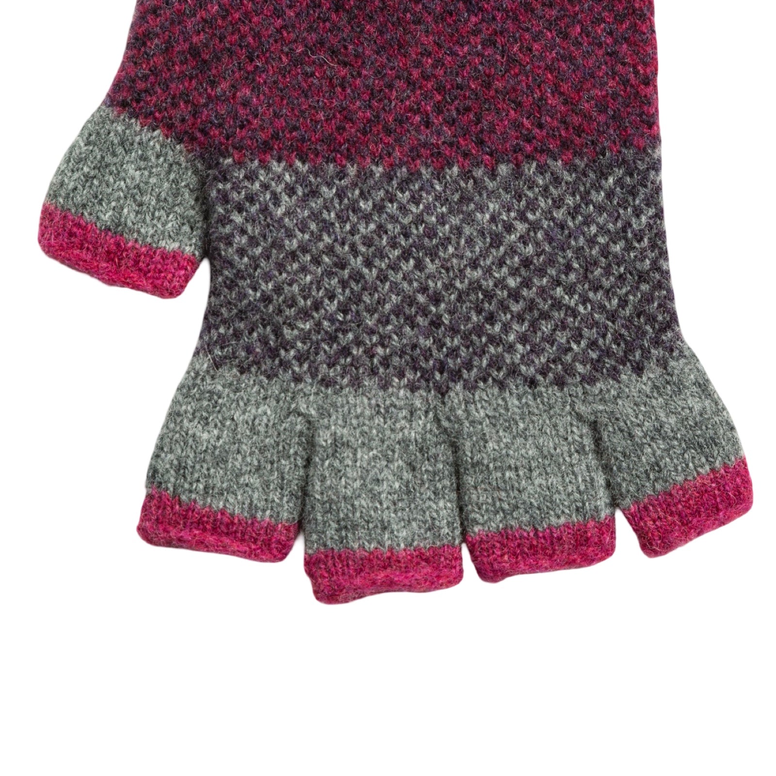 Close-up of a gray and pink textured glove on a white background.