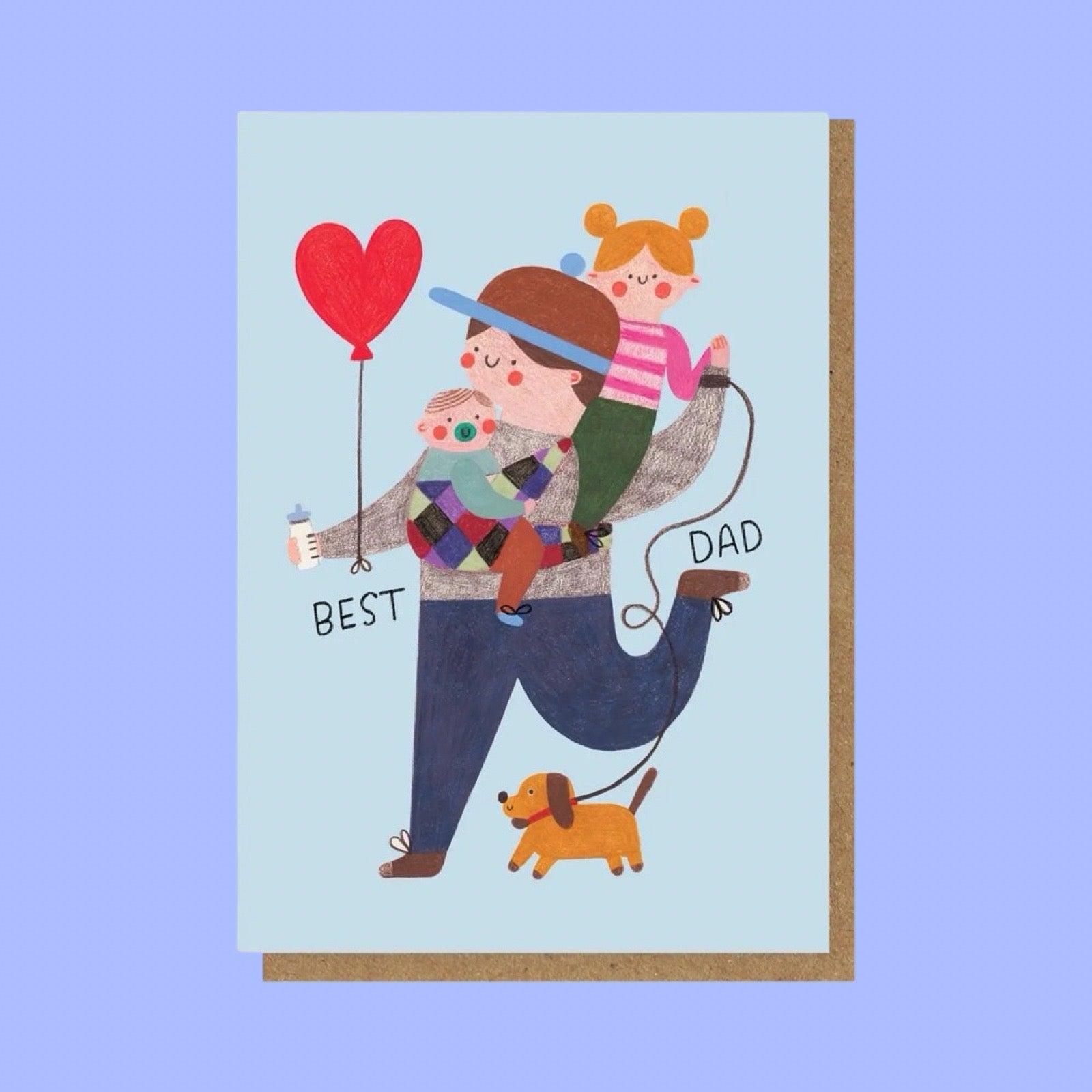 Card with illustration of a father holding two children and a dog, with 'Best Dad' text on a light blue background.