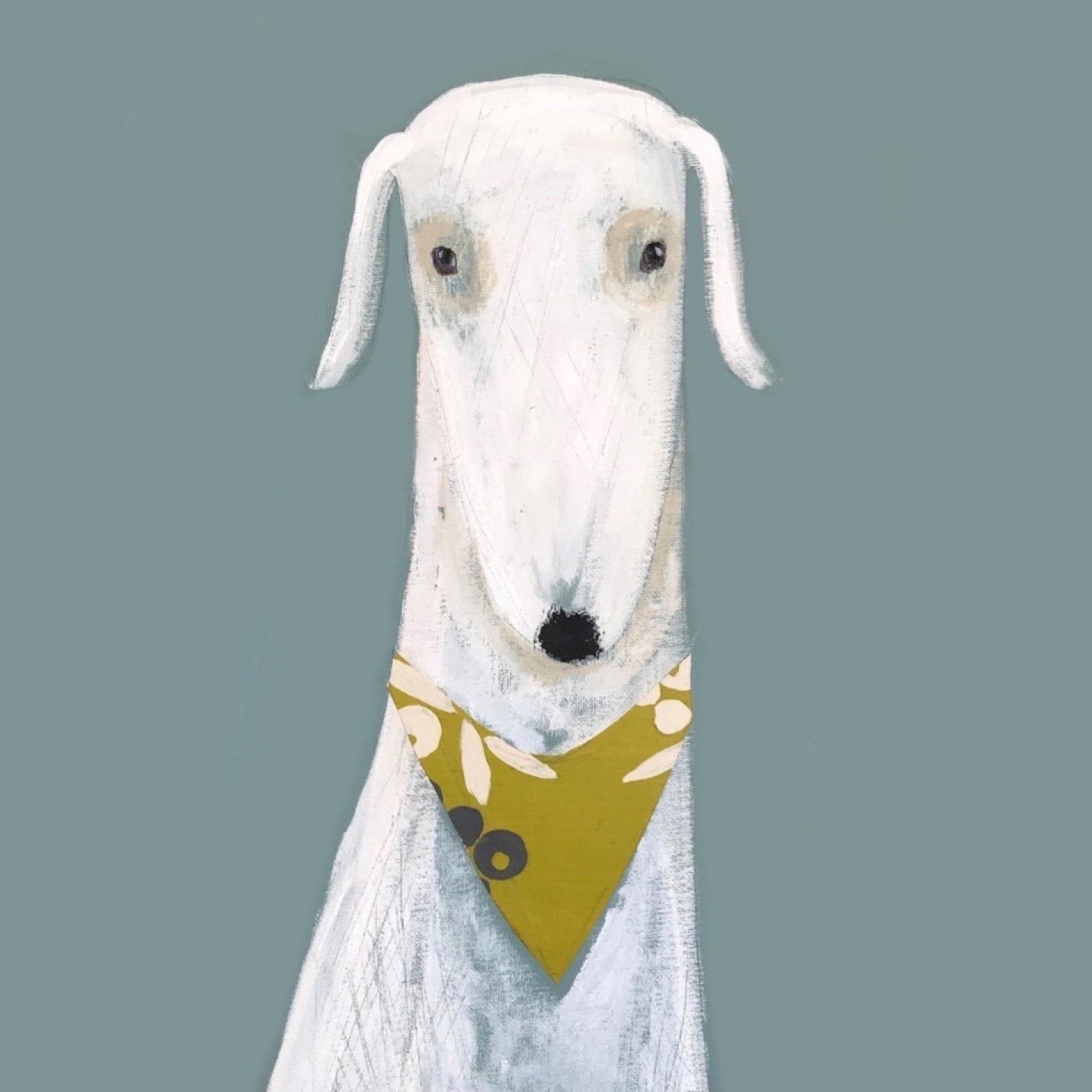 White dog with a green bandana on a gray background.
