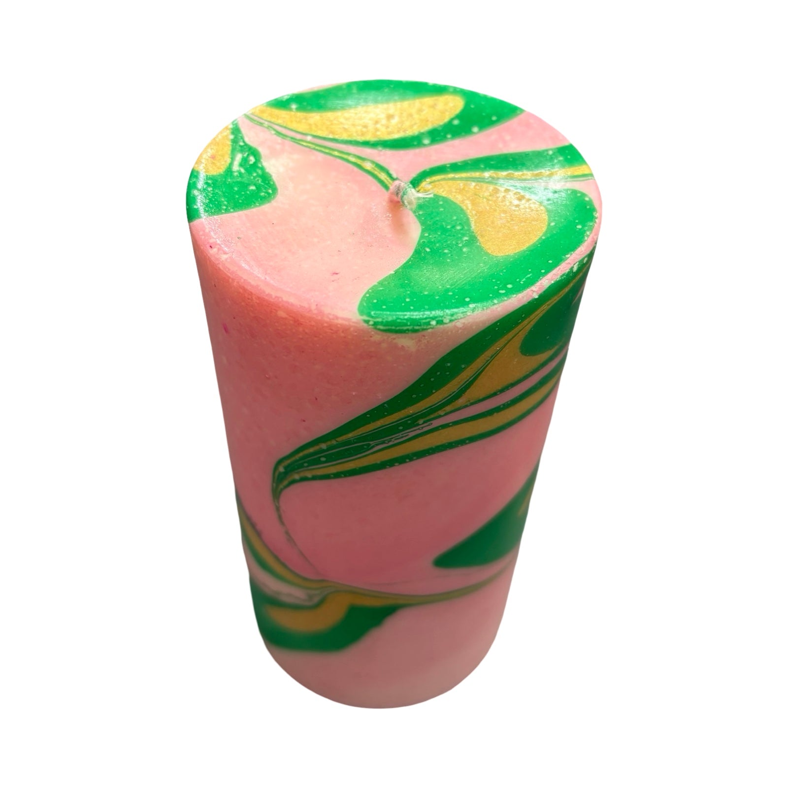 Statement unscented pillar candle, hand-poured with soy wax and dip-dyed in green, gold and pink creating a beautiful marble swirl effect.