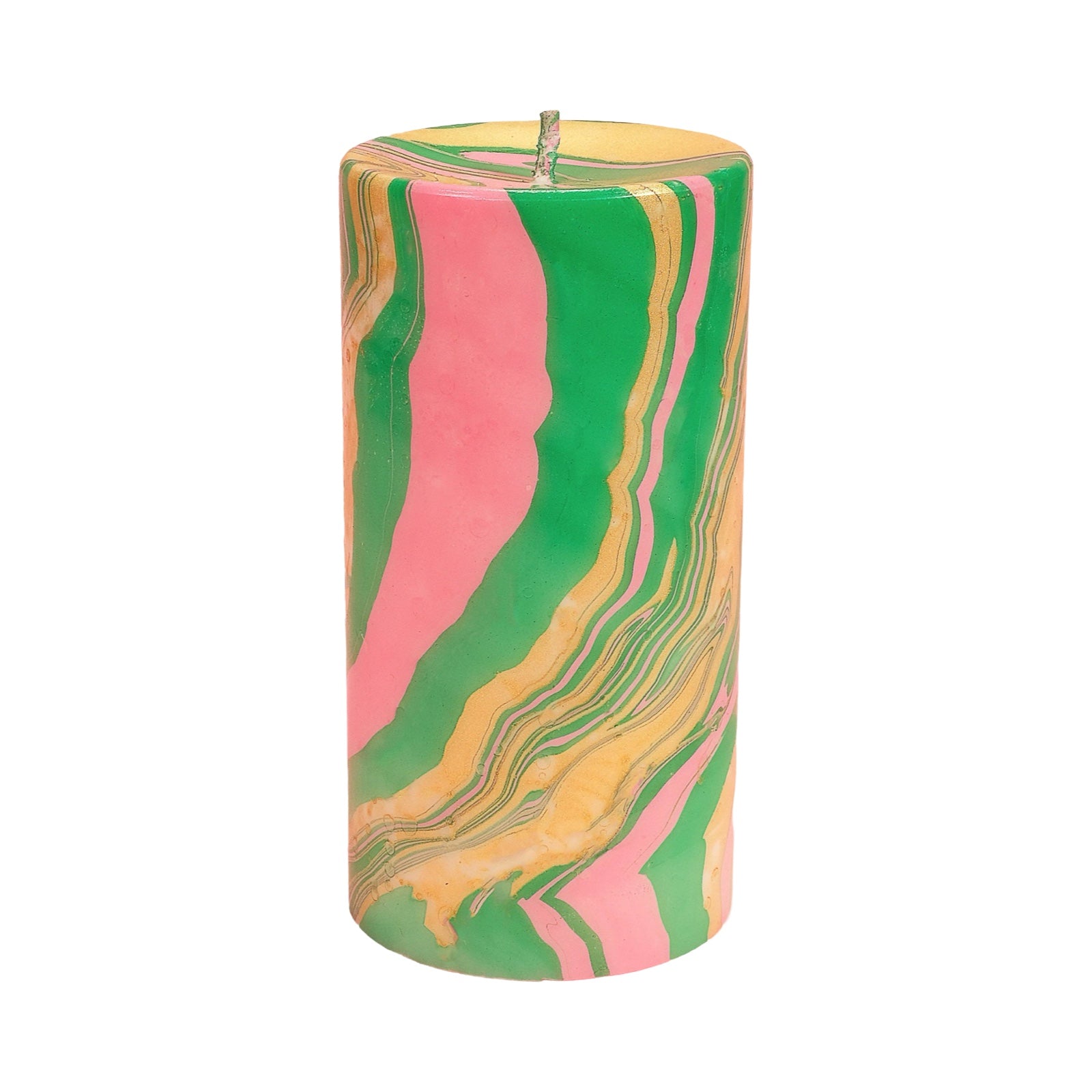 Statement unscented pillar candle, hand-poured with soy wax and dip-dyed in green, gold and pink creating a beautiful marble swirl effect.