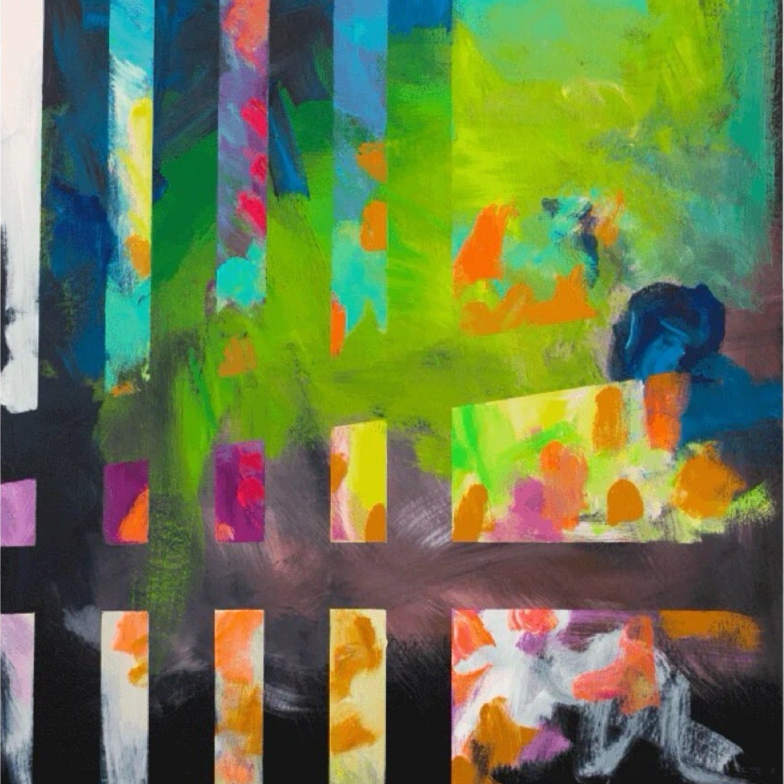 Abstract print featuring a blue railing distorted by colour.