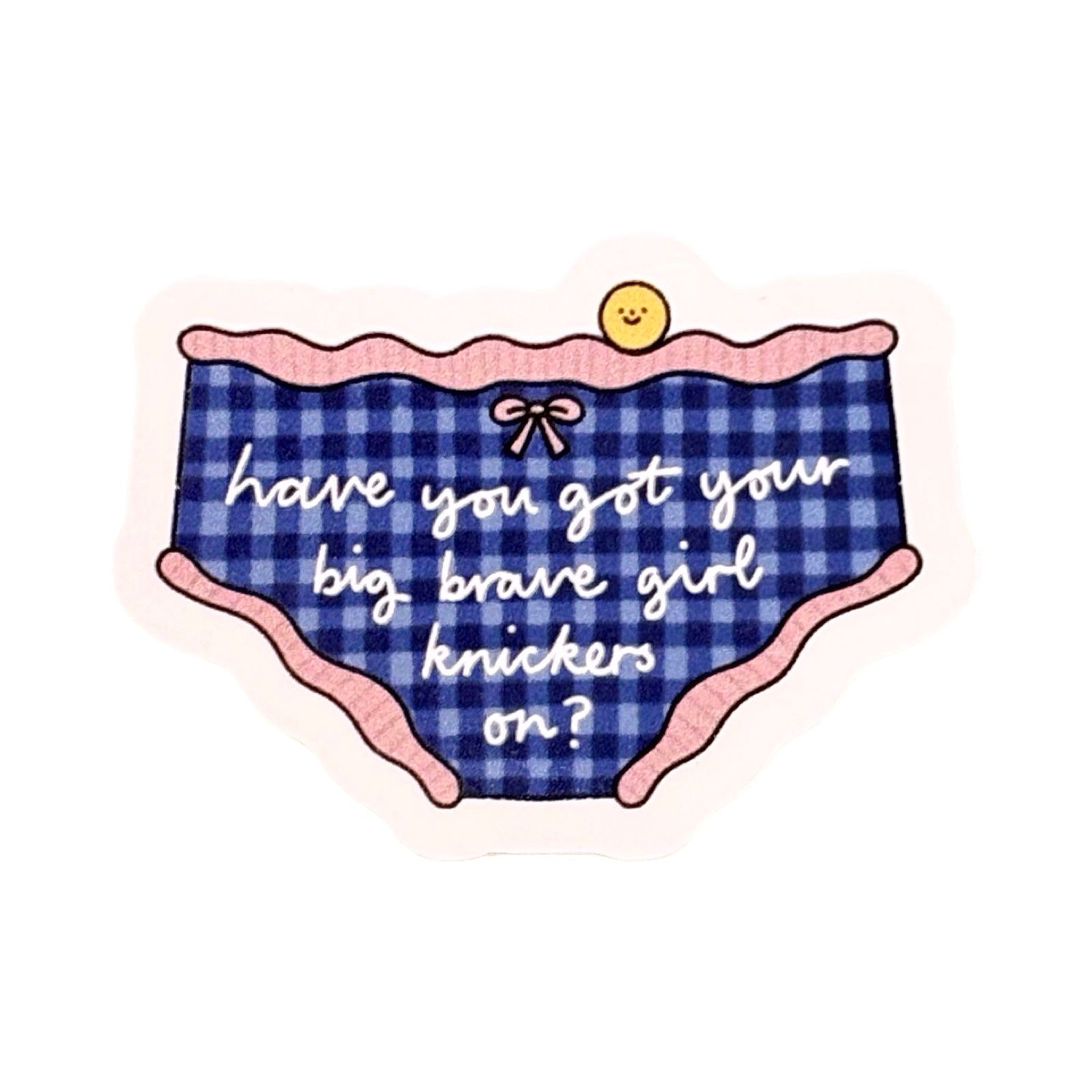 Blue checkered knickers sticker with text on a white background.