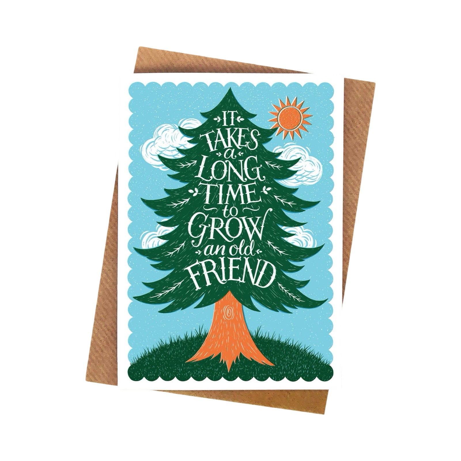 Greeting card with a tree illustration and text on a blue background.