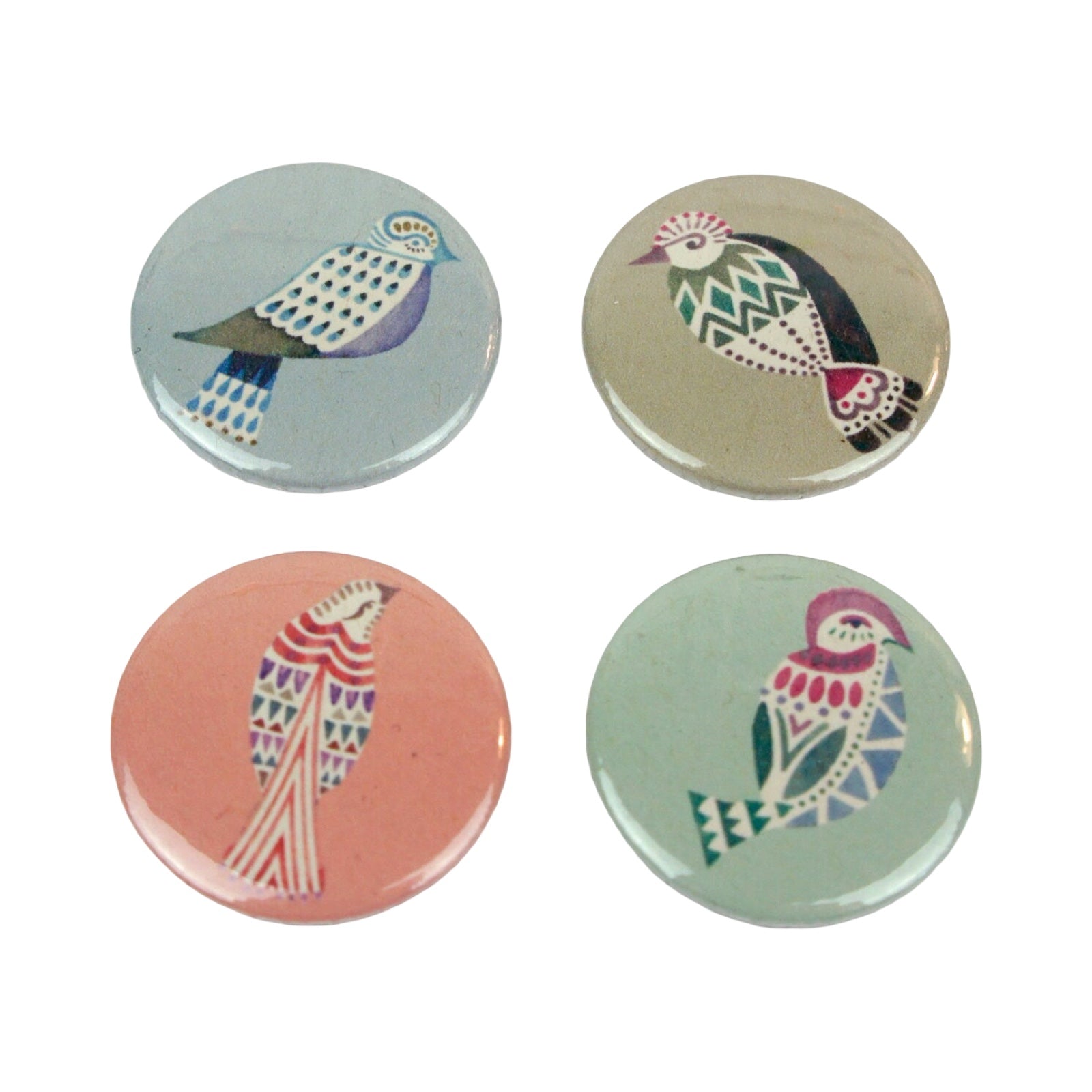 Four circular bird-themed badges on a white background.