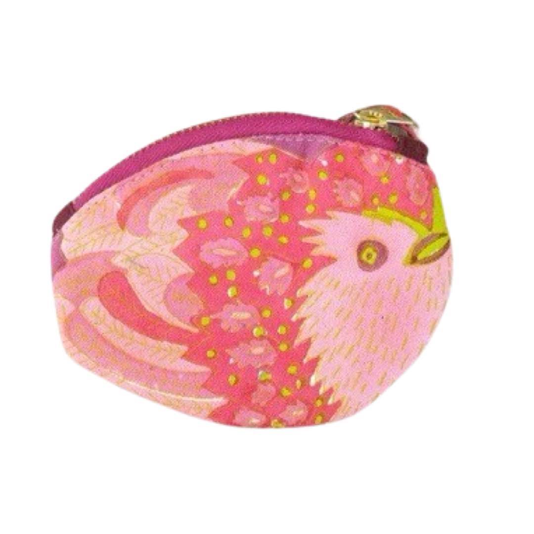 Bird shaped coin purse of a red and pink bird with a bright pink zip.