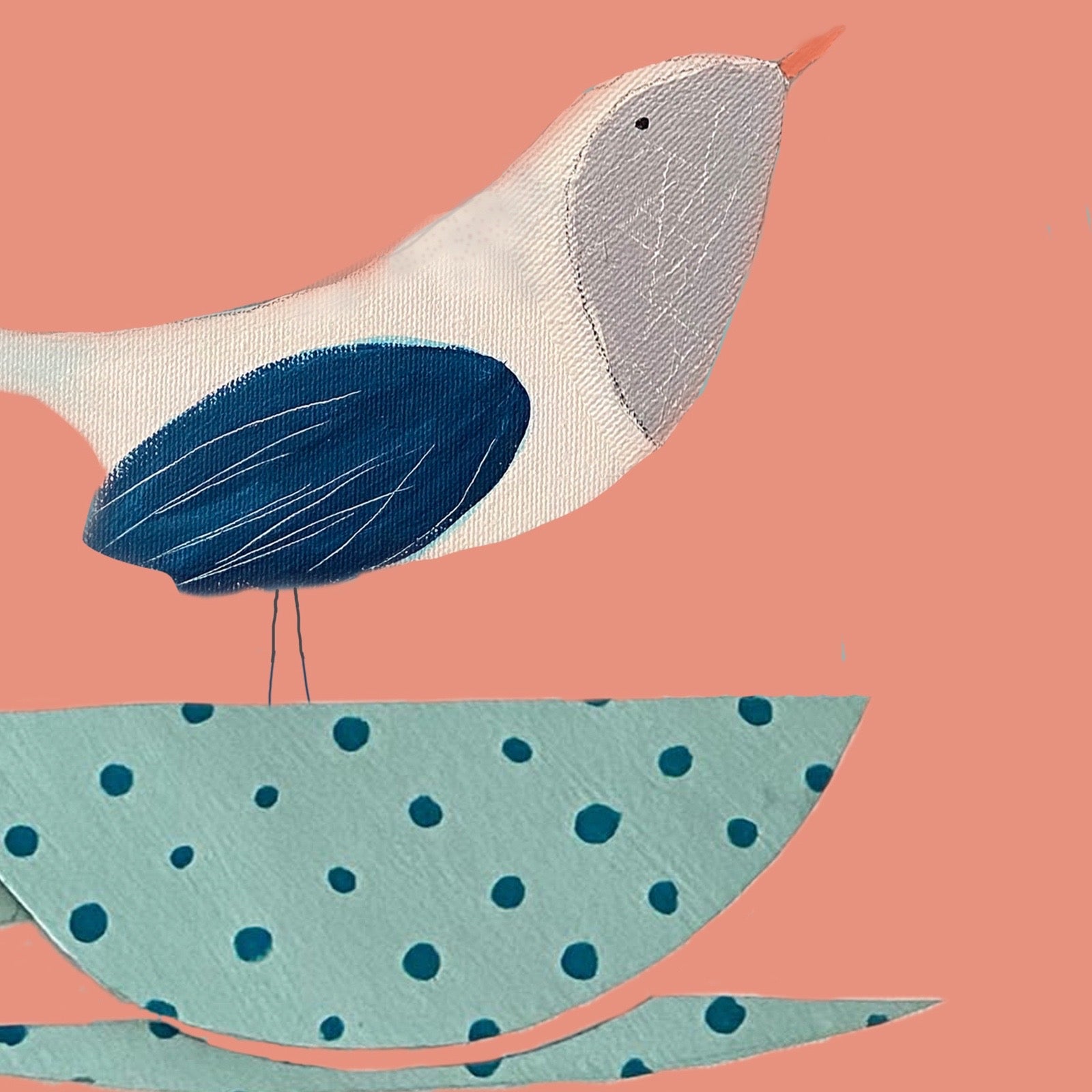 A bird illustration with a white body, grey head, dark blue wing, and orange beak perched on a light blue polka-dotted surface against a peach background.