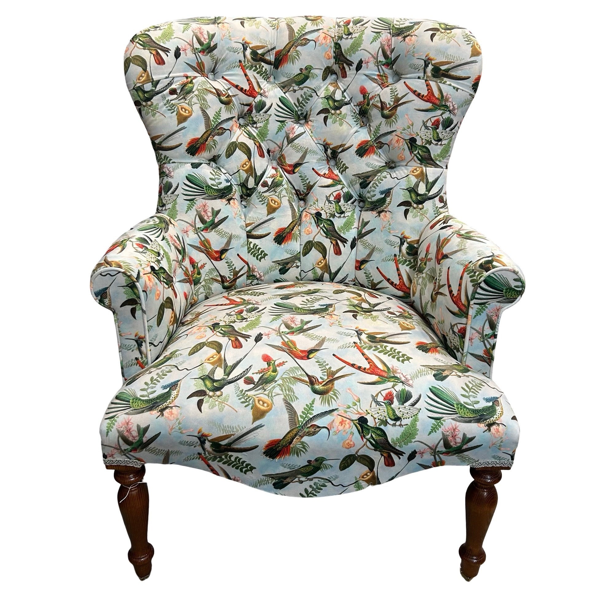 Birds pattern velvet armchair.