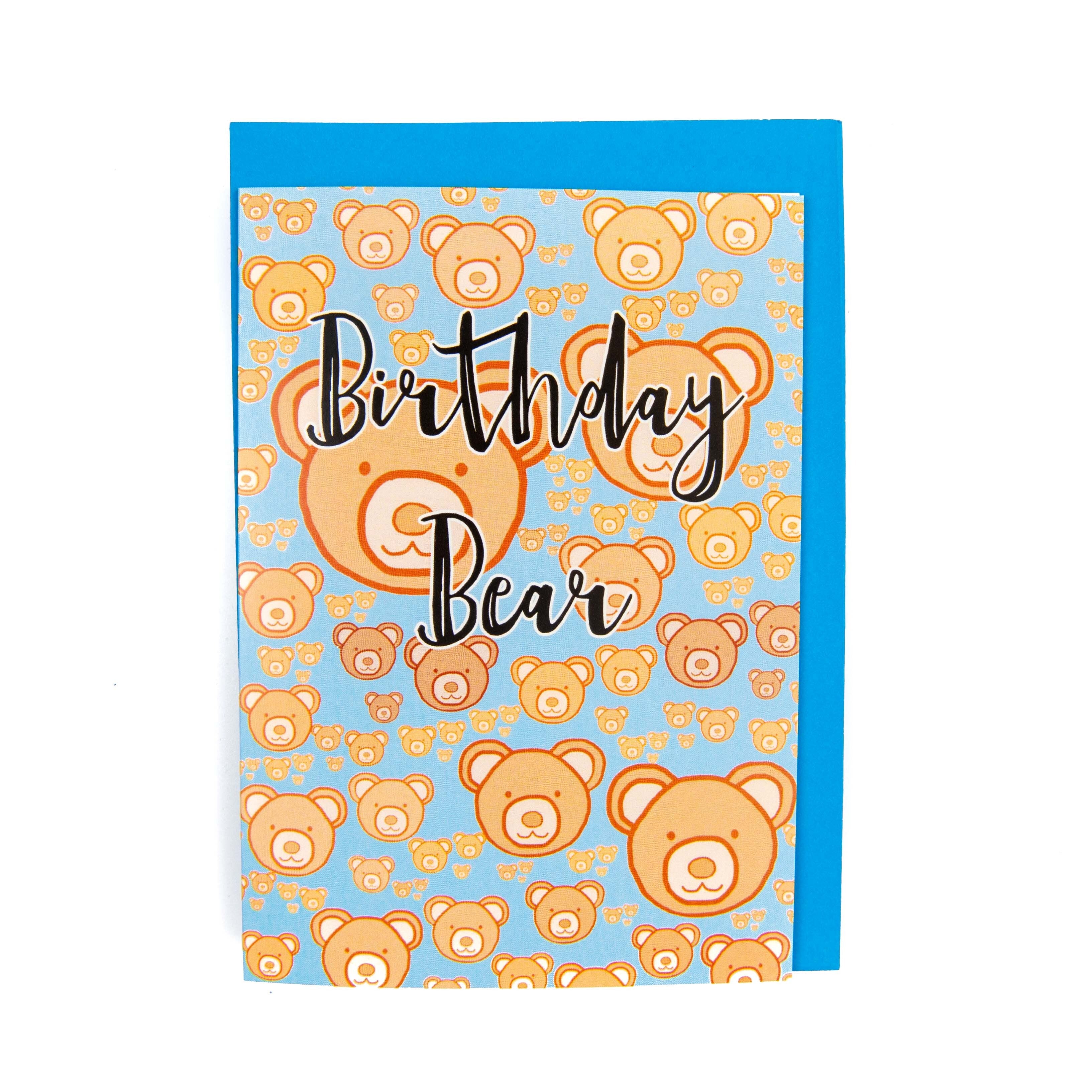 A birthday card with little brown bears and the text birthday bear.