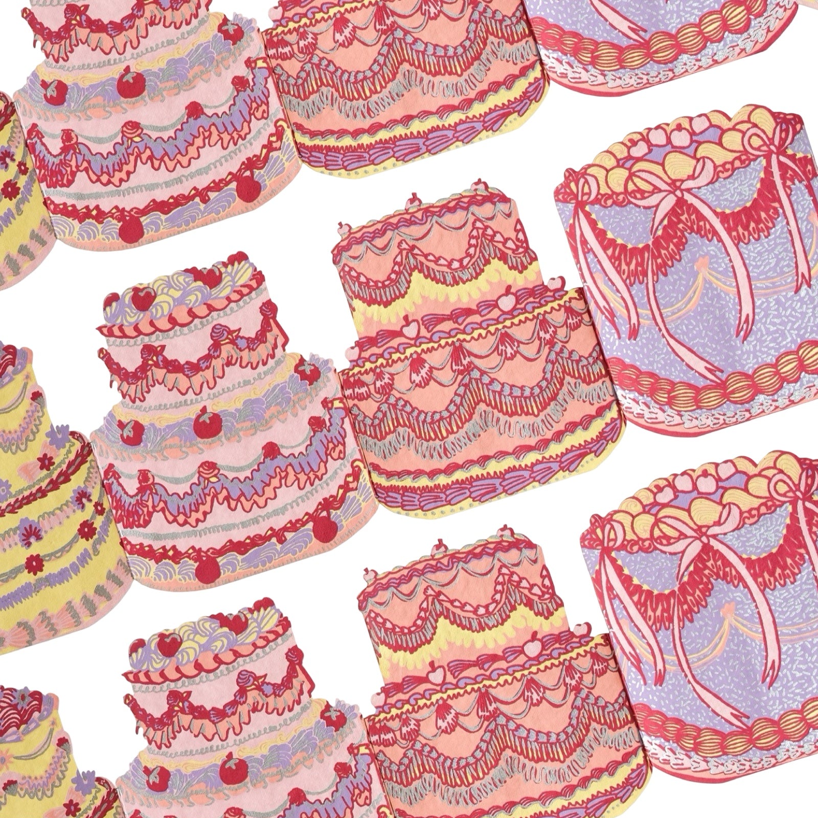 Illustrations of colourful cakes in a garland on a white background.