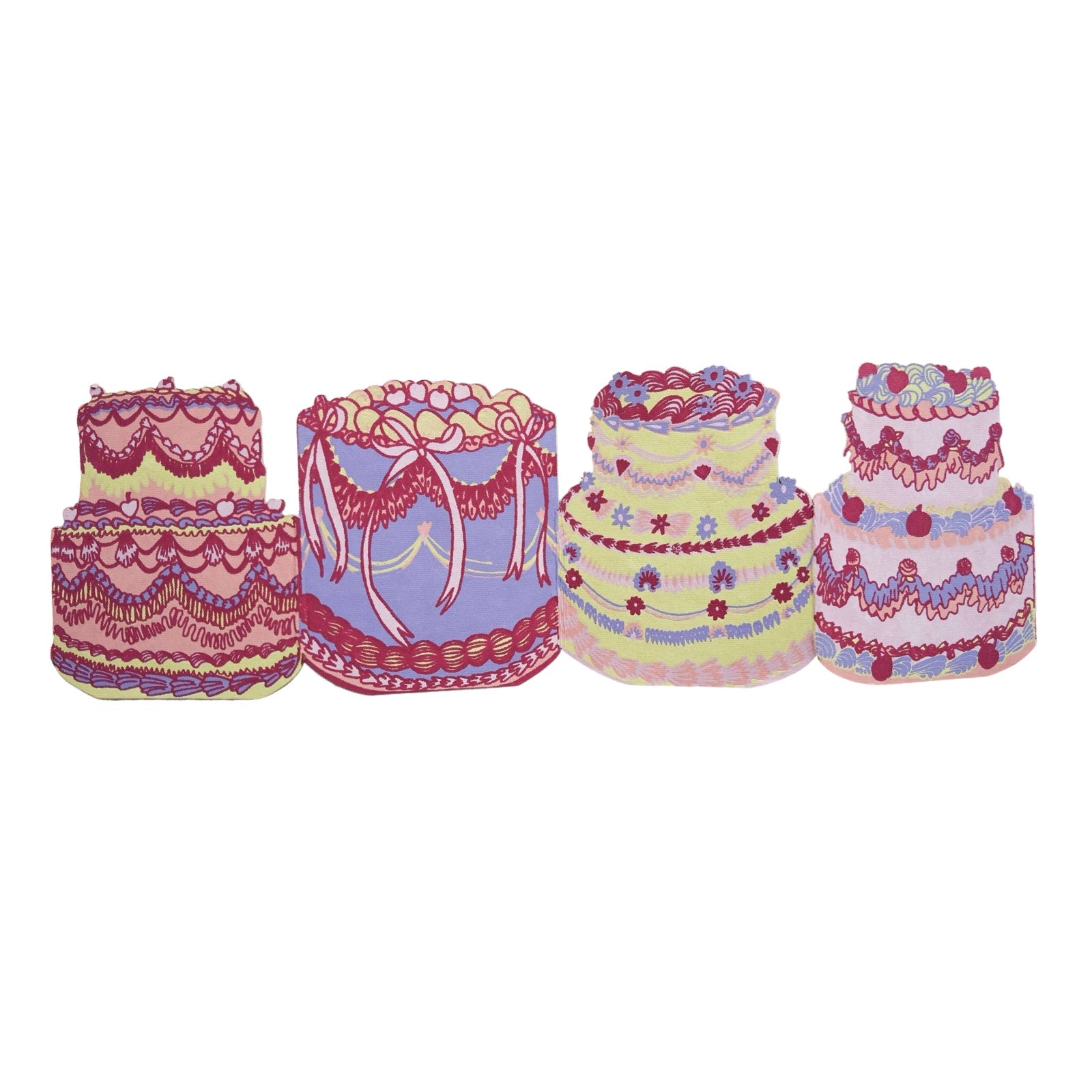 A gorgeous concertina card featuring a cut-out row of 4 birthday cakes, 1 pale pink, 1 yellow, 1 lilac and 1 pink.